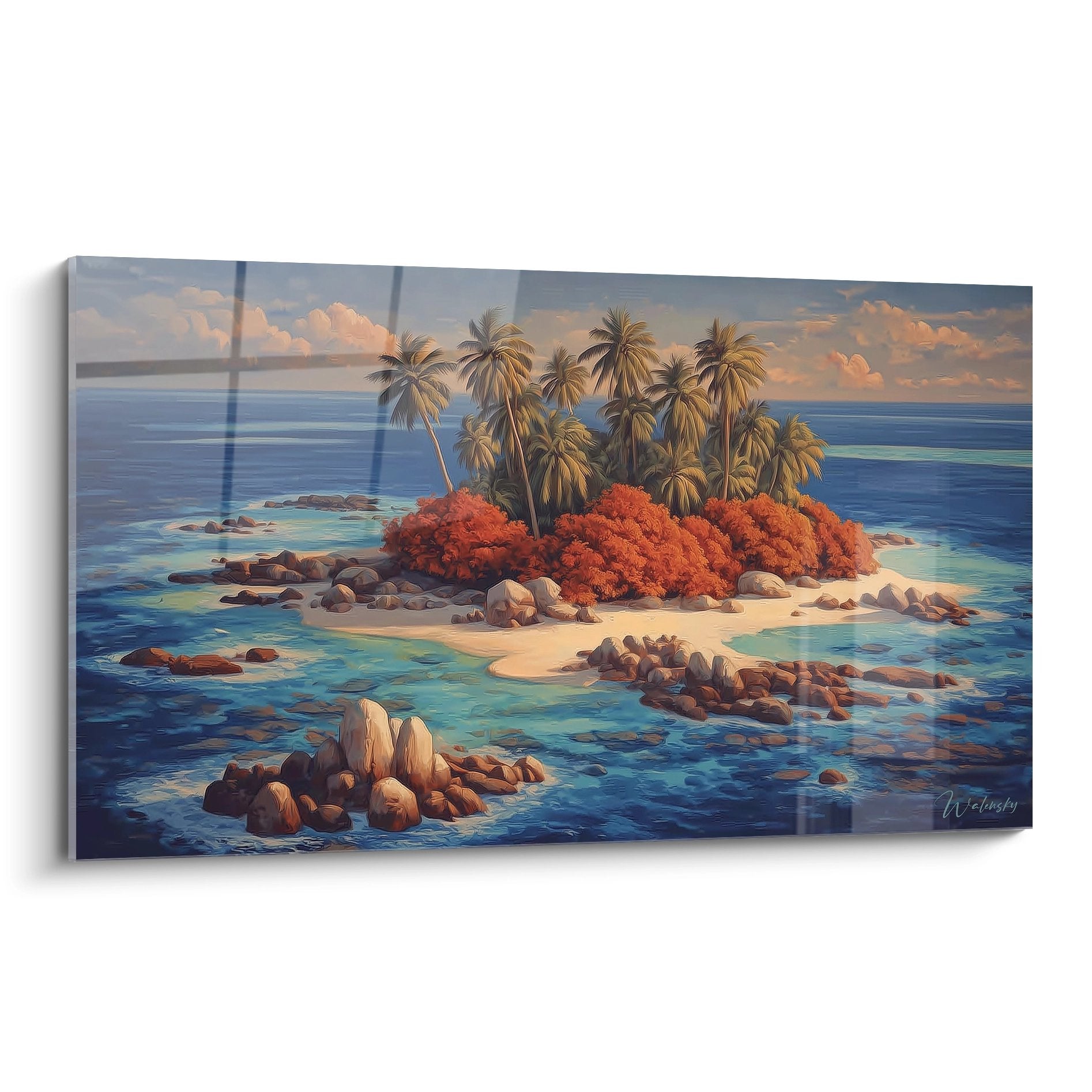 Tableau île tropicale avec palmiers et eaux turquoise, peinture paradisiaque décorative
