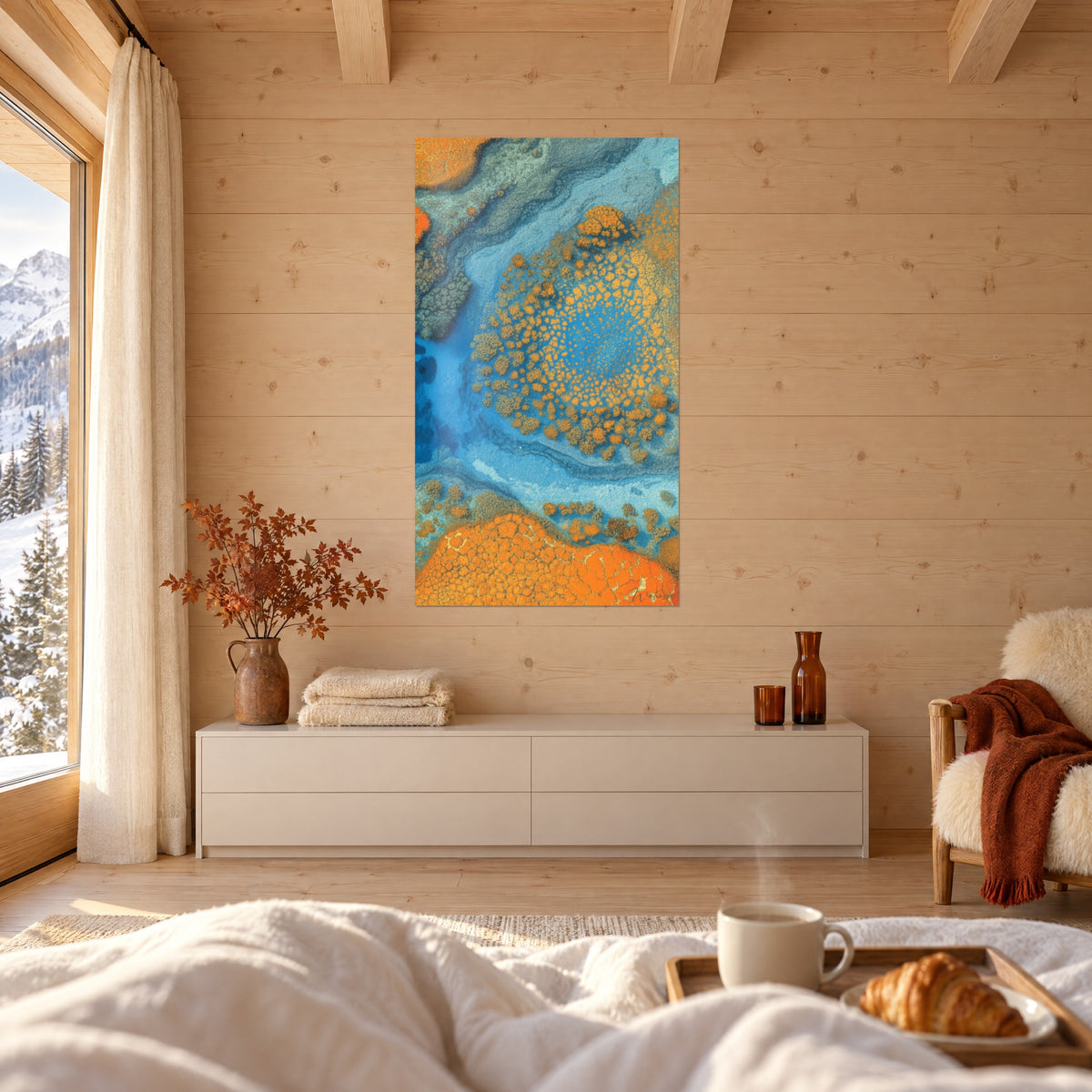 Gemälde Koralleninsel in der Draufsicht, Ozeanblau und leuchtendes Orange, Holzwand eines Schlafzimmers, über einem Bett in einem hellen Zimmer