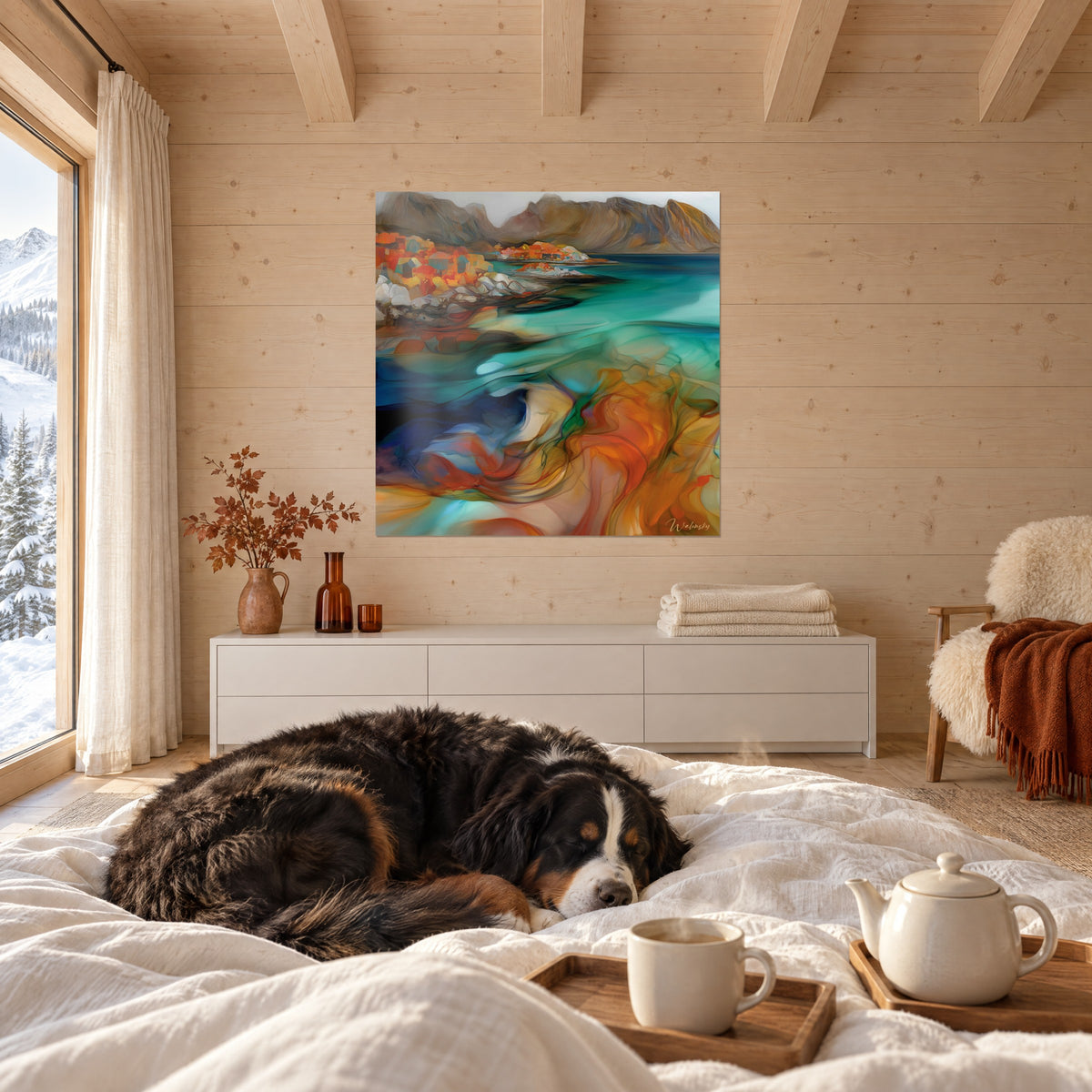 Quadro arcipelago dalle acque smeraldo e case rosse, di fronte a un cane nero addormentato, sopra un letto in una camera luminosa