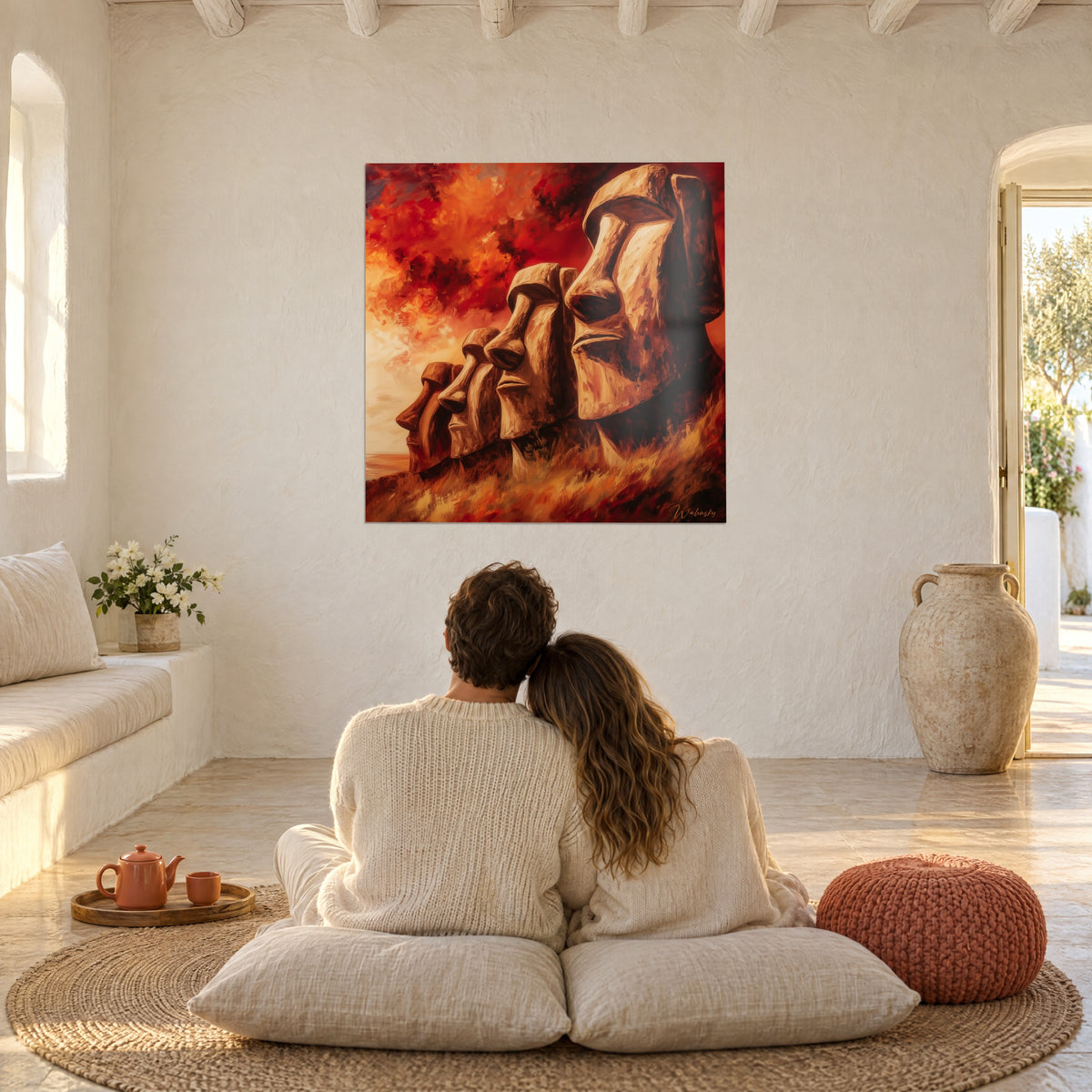 Tableau sculptures rapa nui en brun doré, nuages rouge et orange, un couple enlacé de dos sur des coussins blancs au sol