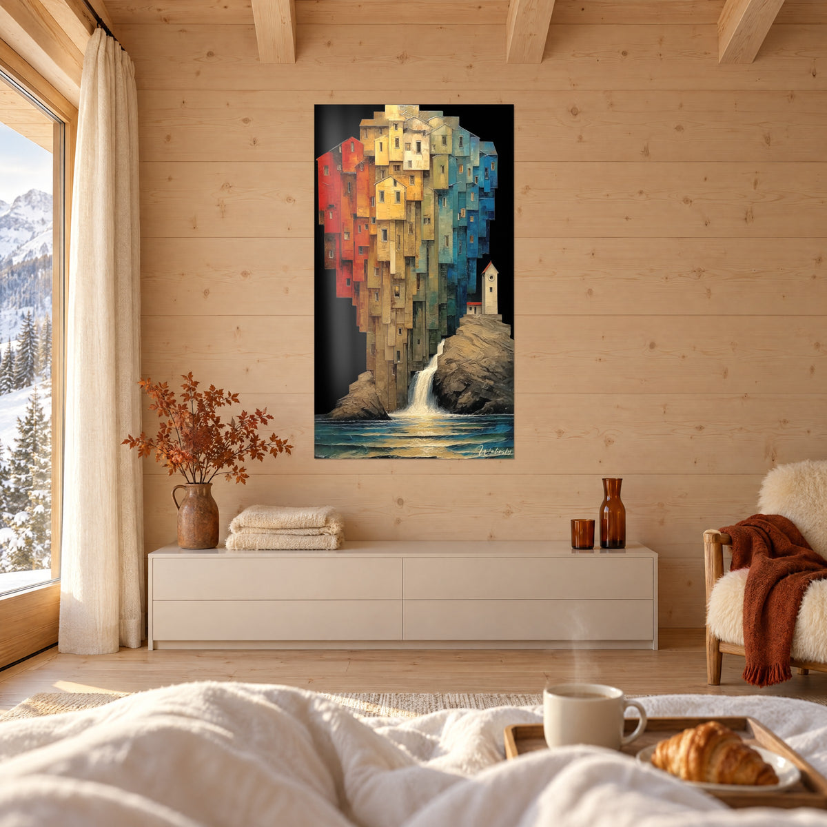 Schilderij kliffen met huizen in oranje, geel en kobaltblauw, kleine vuurtoren met rood dak, helder waterval, boven een bed in een lichte slaapkamer gehangen