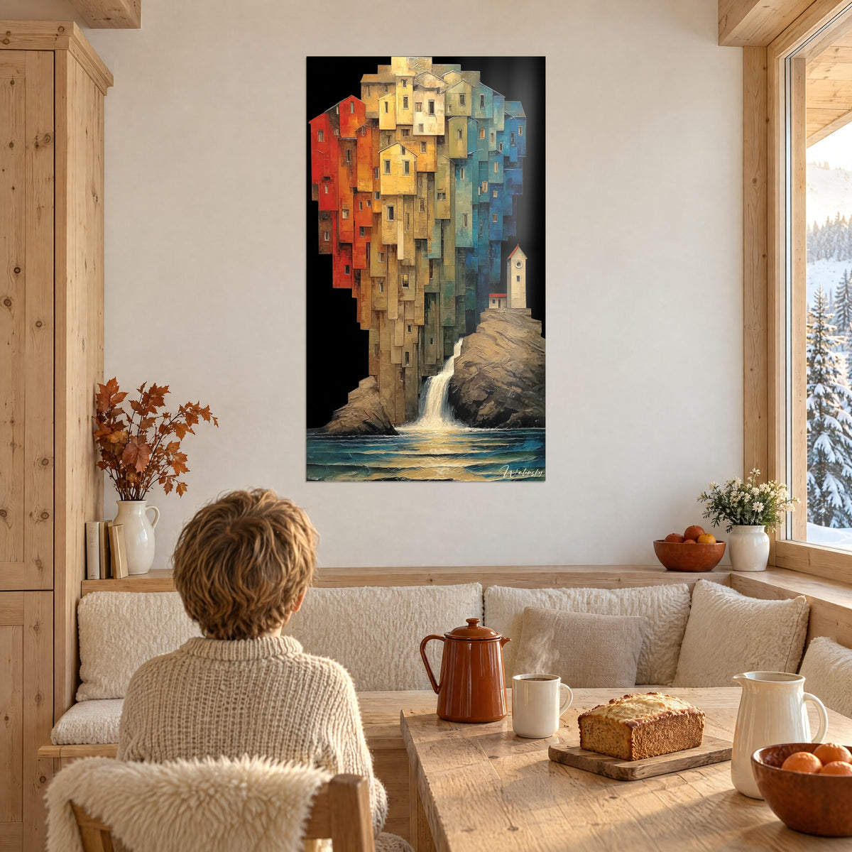 Schilderij gehucht als mozaïek van amberkleurige en azuurblauwe daken, witte waterval op donkere rots, golvende zee, tegenover een eethoekje in licht hout