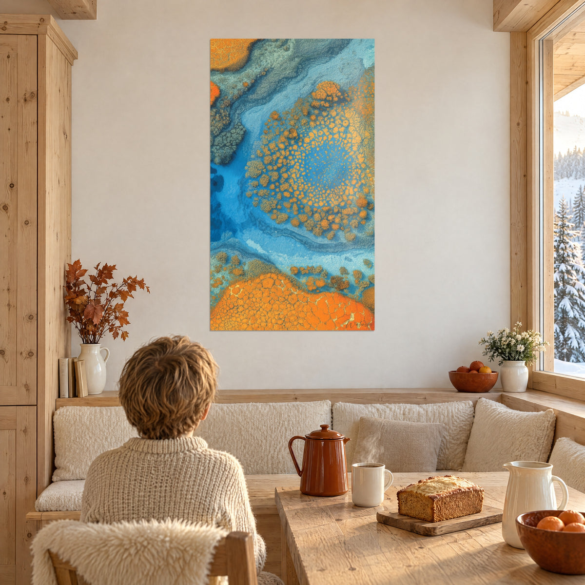 Gemälde Inselgruppe aus der Luft fotografiert, orangefarbener Korallenring um eine azurblaue Lagune, Kind von hinten davor, Bergchalet