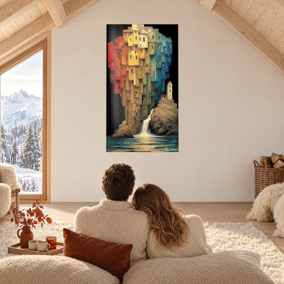 Schilderij huizencluster met verloop van rood naar blauw, zwarte achtergrond, vuurtoren en waterval, bewonderd door een koppel op een chalet-bank