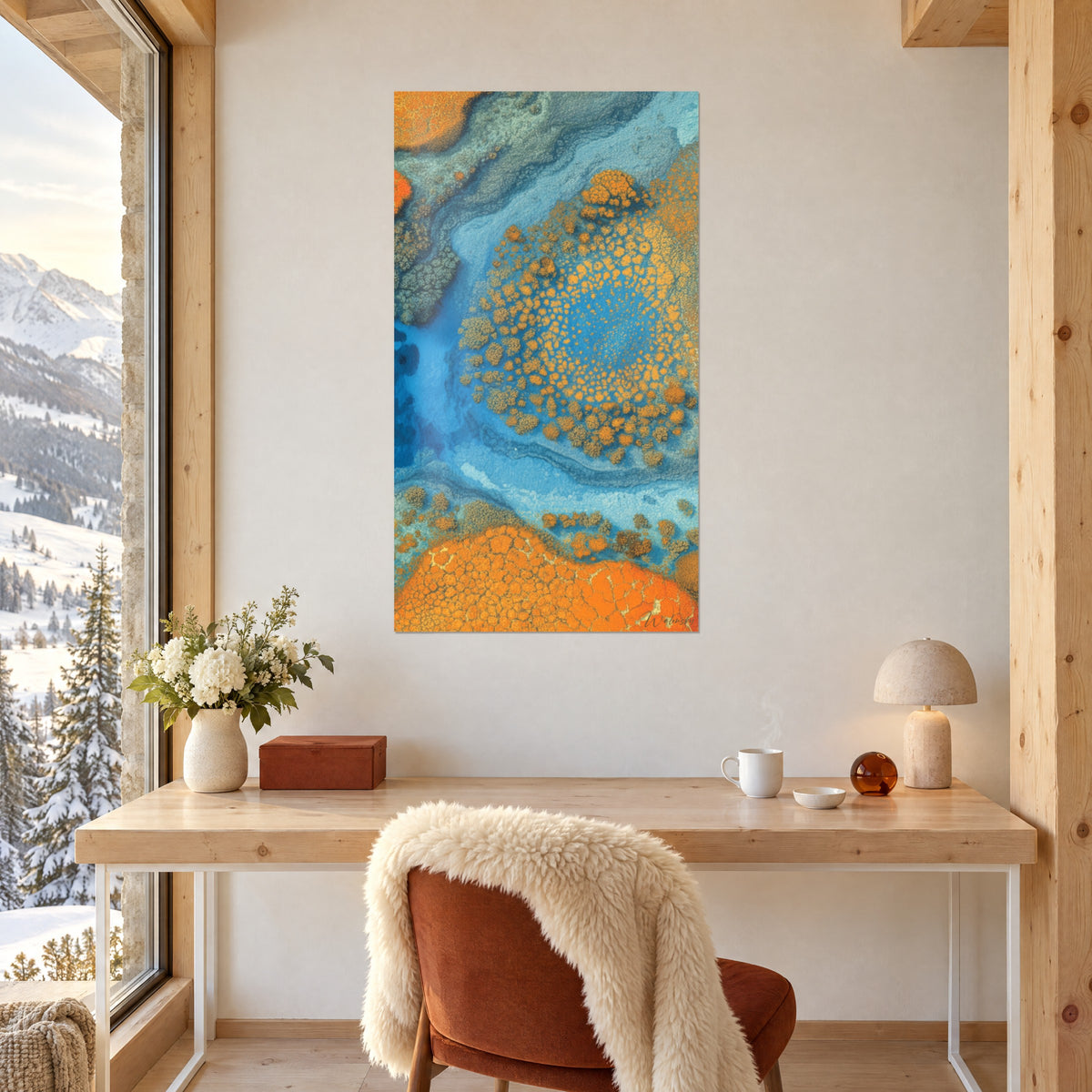 Gemälde Ringriff, orangefarbene Flecken auf hellblauem Wasser, hängt über einem Schreibtisch aus hellem Holz nahe einem verschneiten Fenster