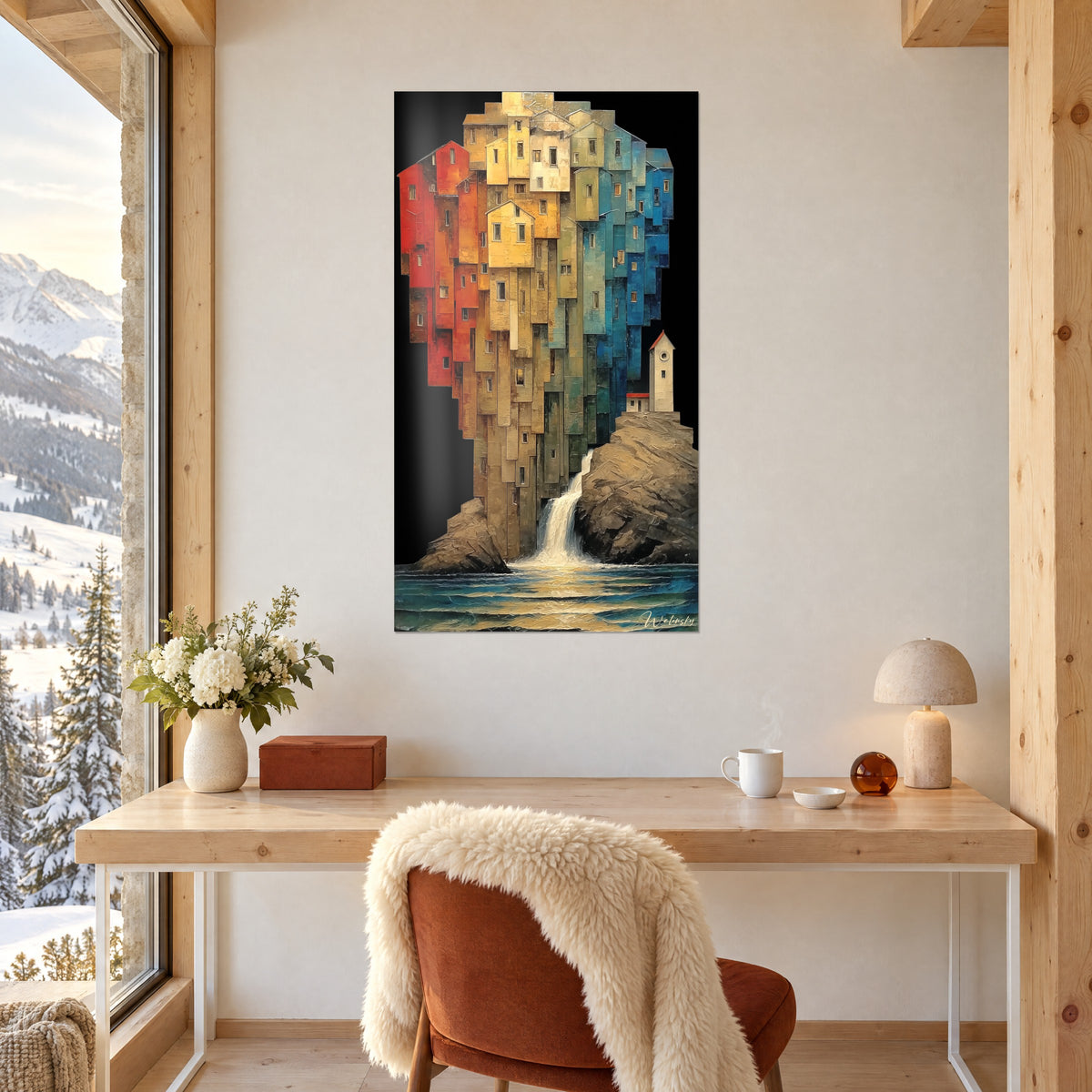 Schilderij hangende stad in patchwork van koperen en ultramarijnblauwe gevels, witte toren op rots, aan de muur van een kantoor in licht hout