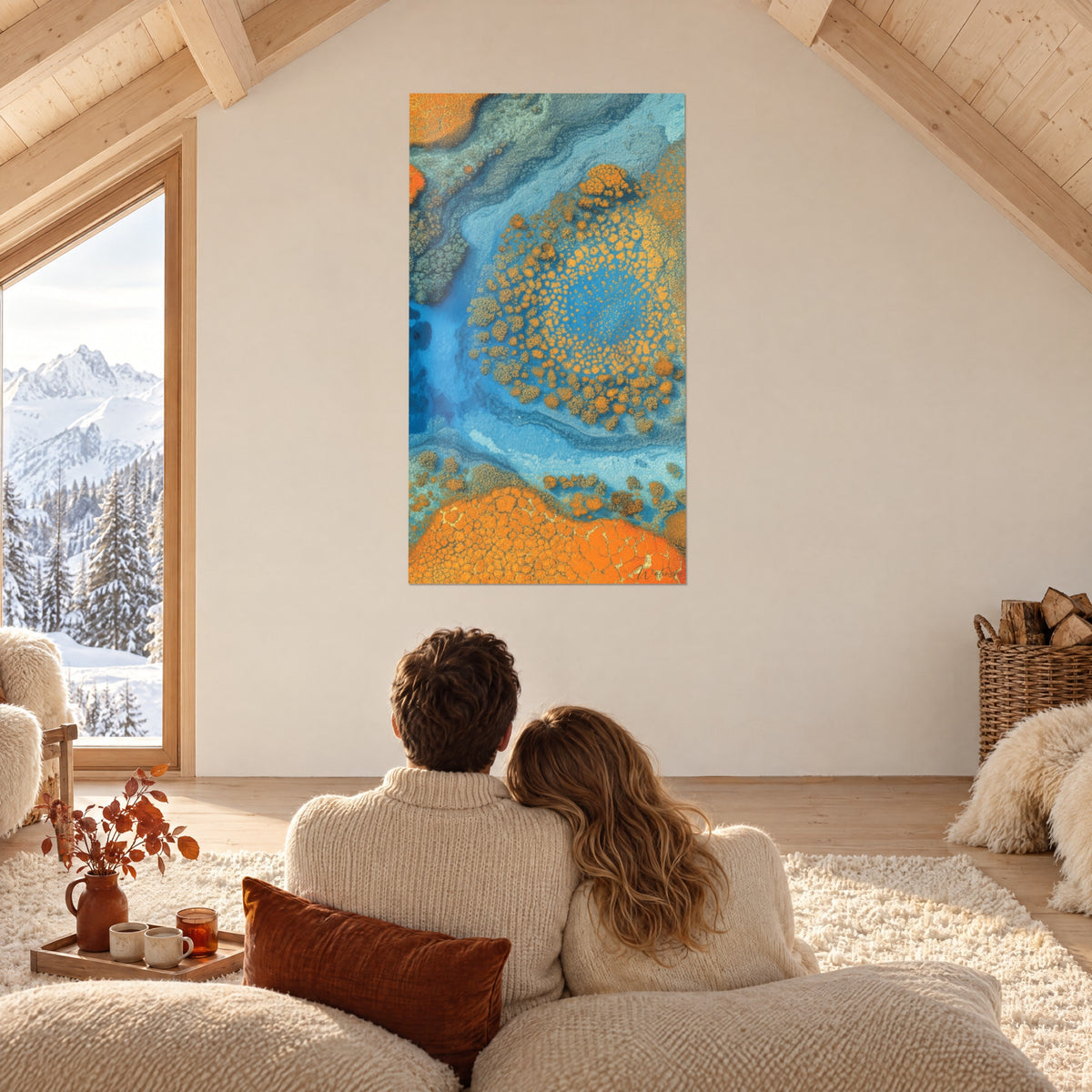 Gemälde tropisches Paradies aus der Vogelperspektive, tiefblaue Lagune, gesäumt von orangefarbenen Korallen, sich umarmendes Paar von hinten in einem Chalet mit hellen Deckenbalken