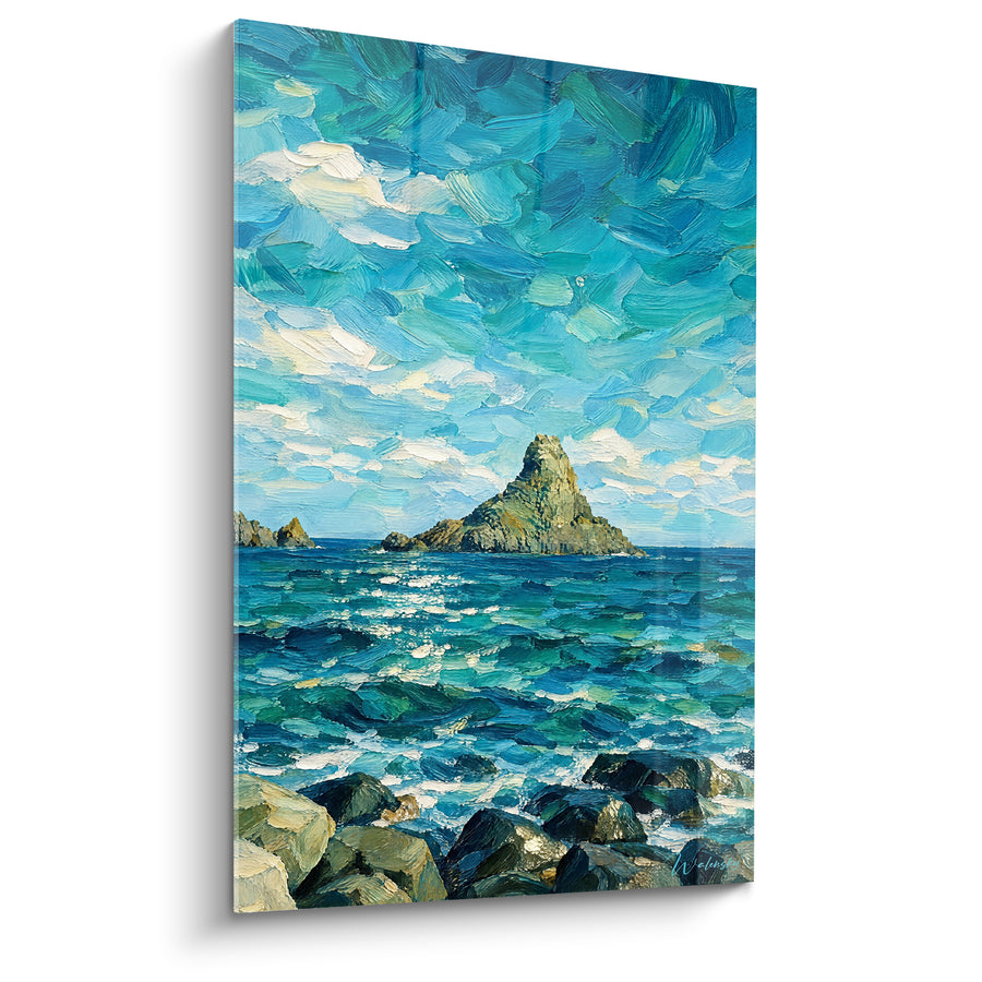 Tableau Îlot rocheux turquoise et ocre en mer - Évasion marine - Edition Îles des Cyclopes Italie