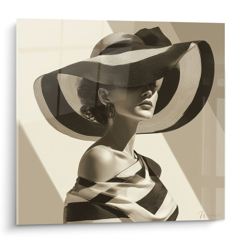 Tableau Élégante au chapeau noir et ivoire - Allure sépia - Edition Illustration de mode
