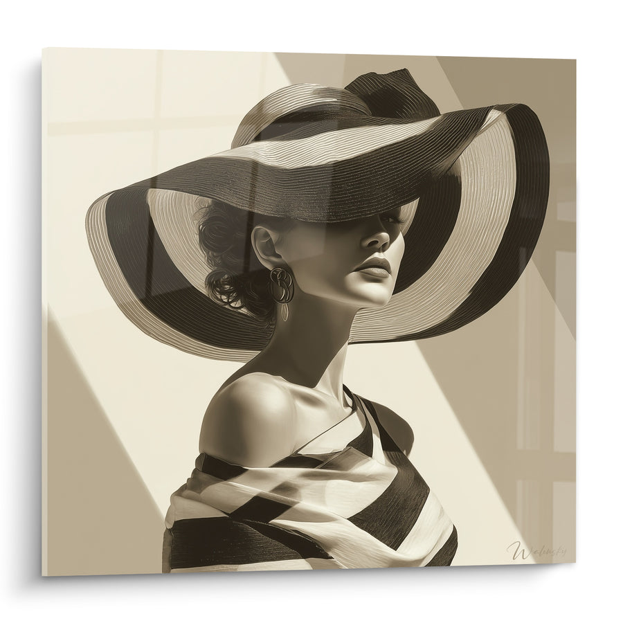 Tableau Élégante au chapeau noir et ivoire - Allure sépia - Edition Illustration de mode