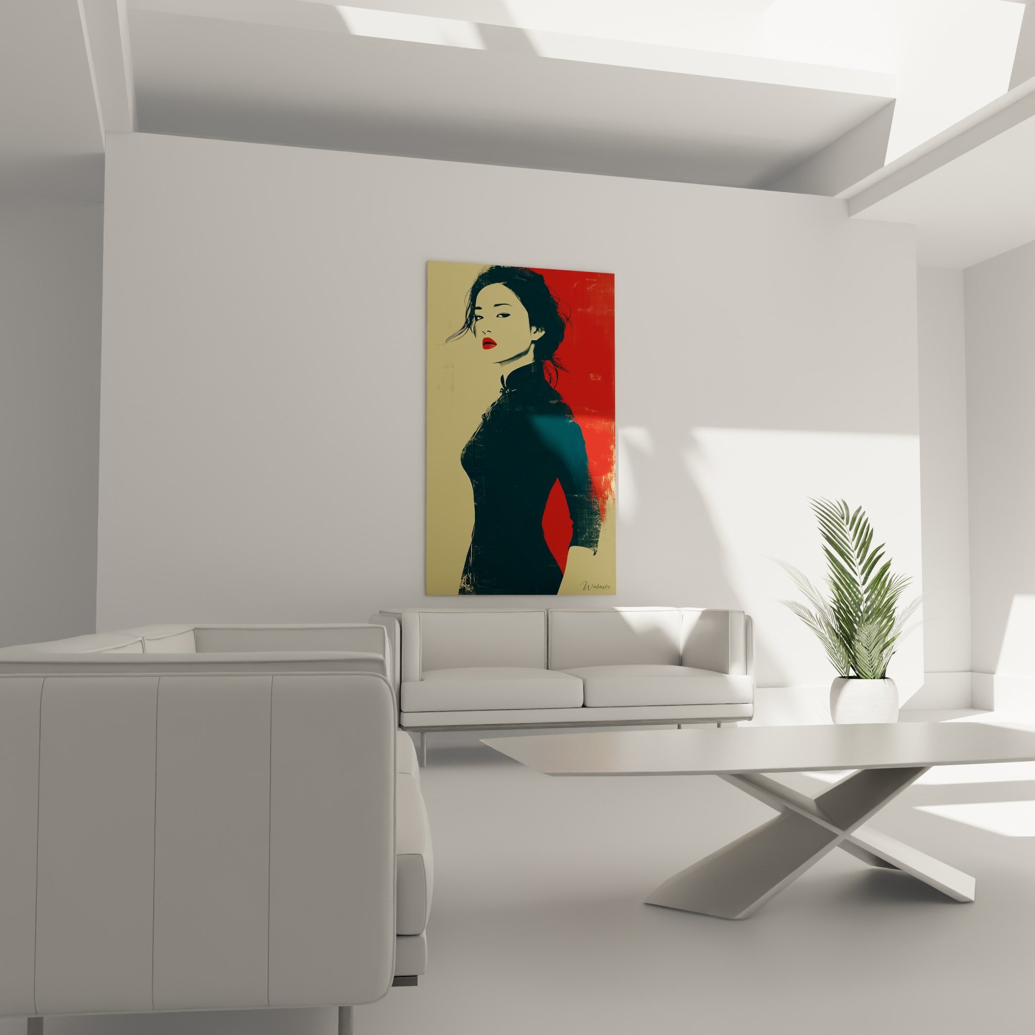 Silhouette au col mandarin, rouge vif et ivoire texturé, illustration de mode au-dessus d'un canapé dans un salon lumineux