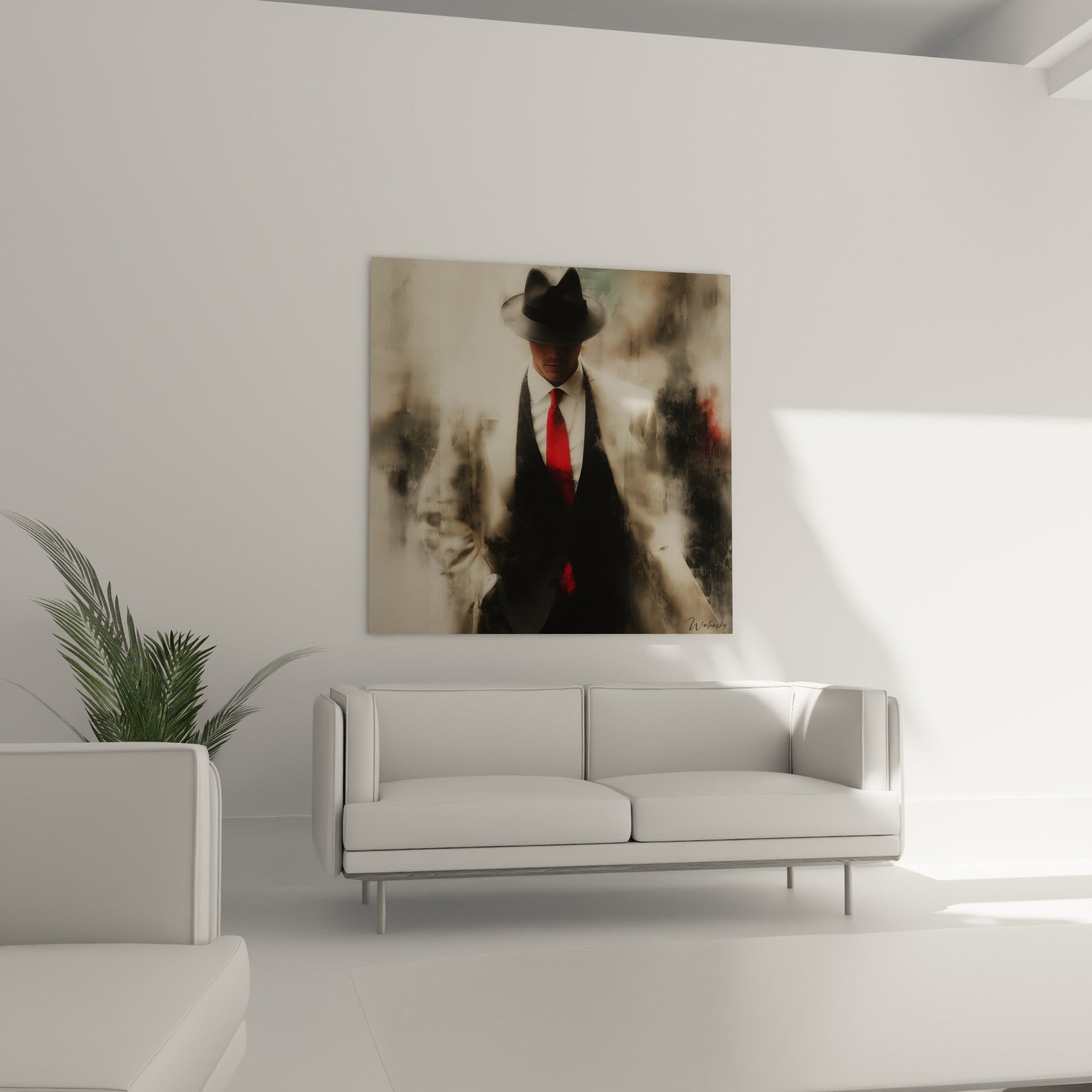 Portrait d'homme mystérieux beige et anthracite installé au-dessus d'un canapé dans un salon lumineux