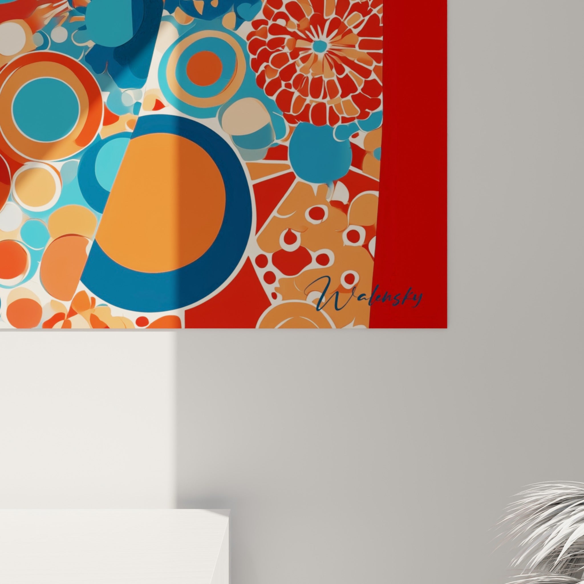 Empâtements nets révélant les cercles bleu pétrole et orange du kimono sur fond rouge éclatant.
