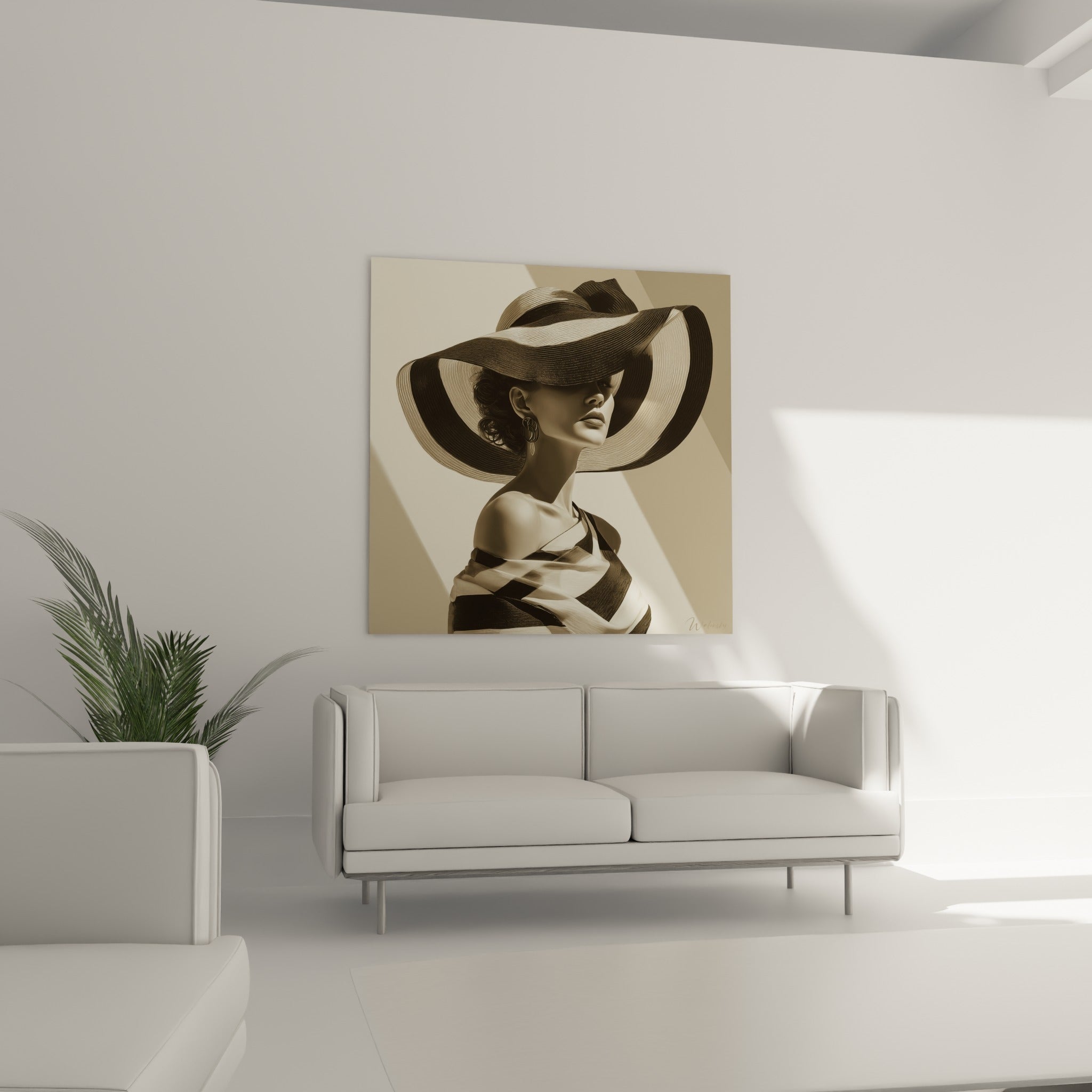 Portrait sépia à l'épaule dénudée sous un chapeau noir et ivoire, au-dessus d'un canapé dans un salon lumineux