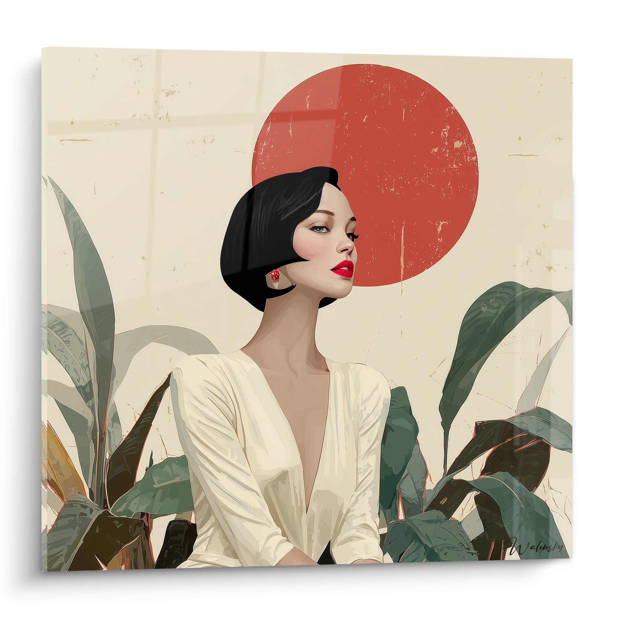 Femme au carré noir et lèvres rouges devant un cercle terracotta, illustration de mode ivoire
