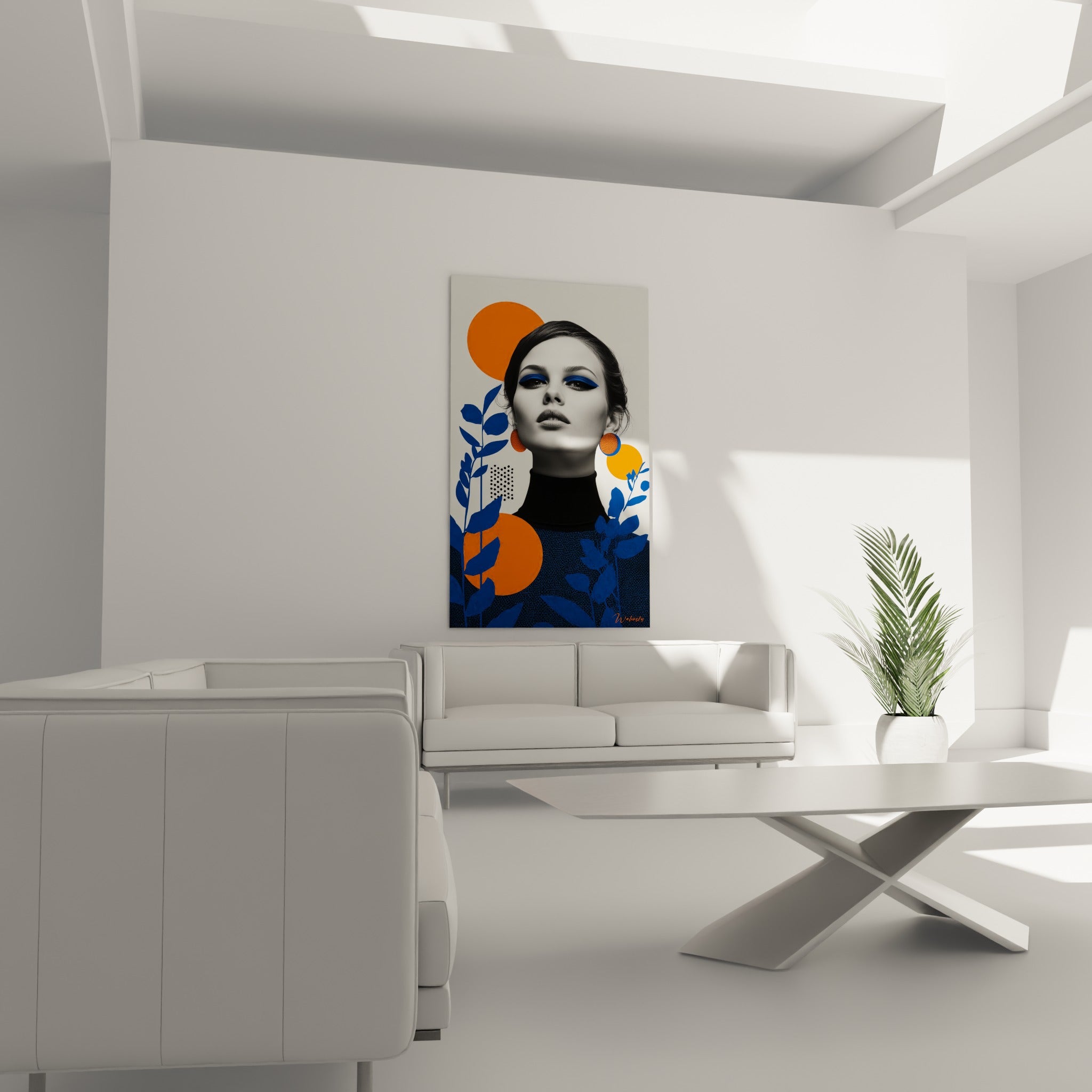 Femme au regard intense entourée de motifs orange et bleu, au-dessus d'un canapé dans un salon lumineux