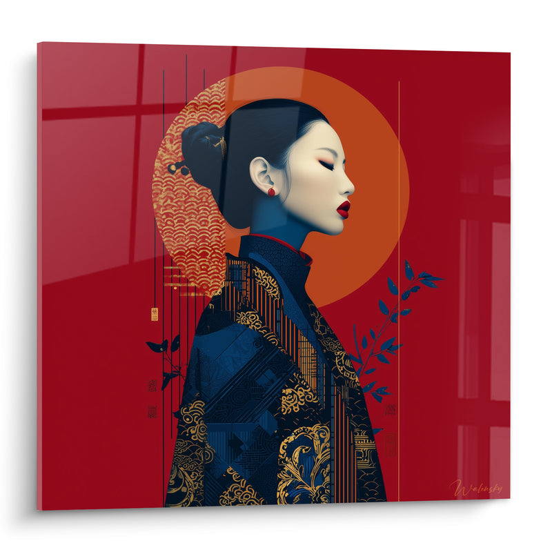 Tableau Femme kimono bleu marine et rouge écarlate - Souveraineté silencieuse - Edition Illustration de mode