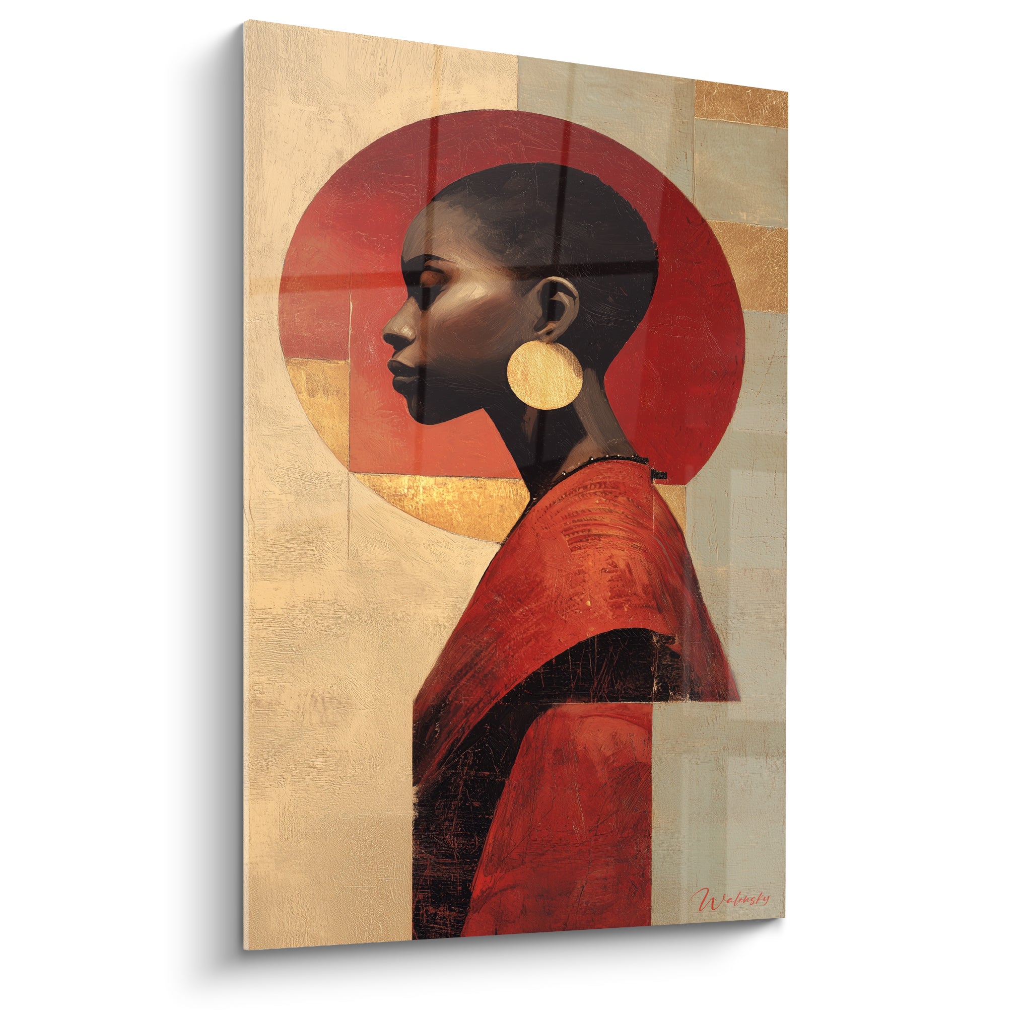 Femme au profil sombre, cercle rouge terracotta et doré, boucle d'oreille dorée, style graphique