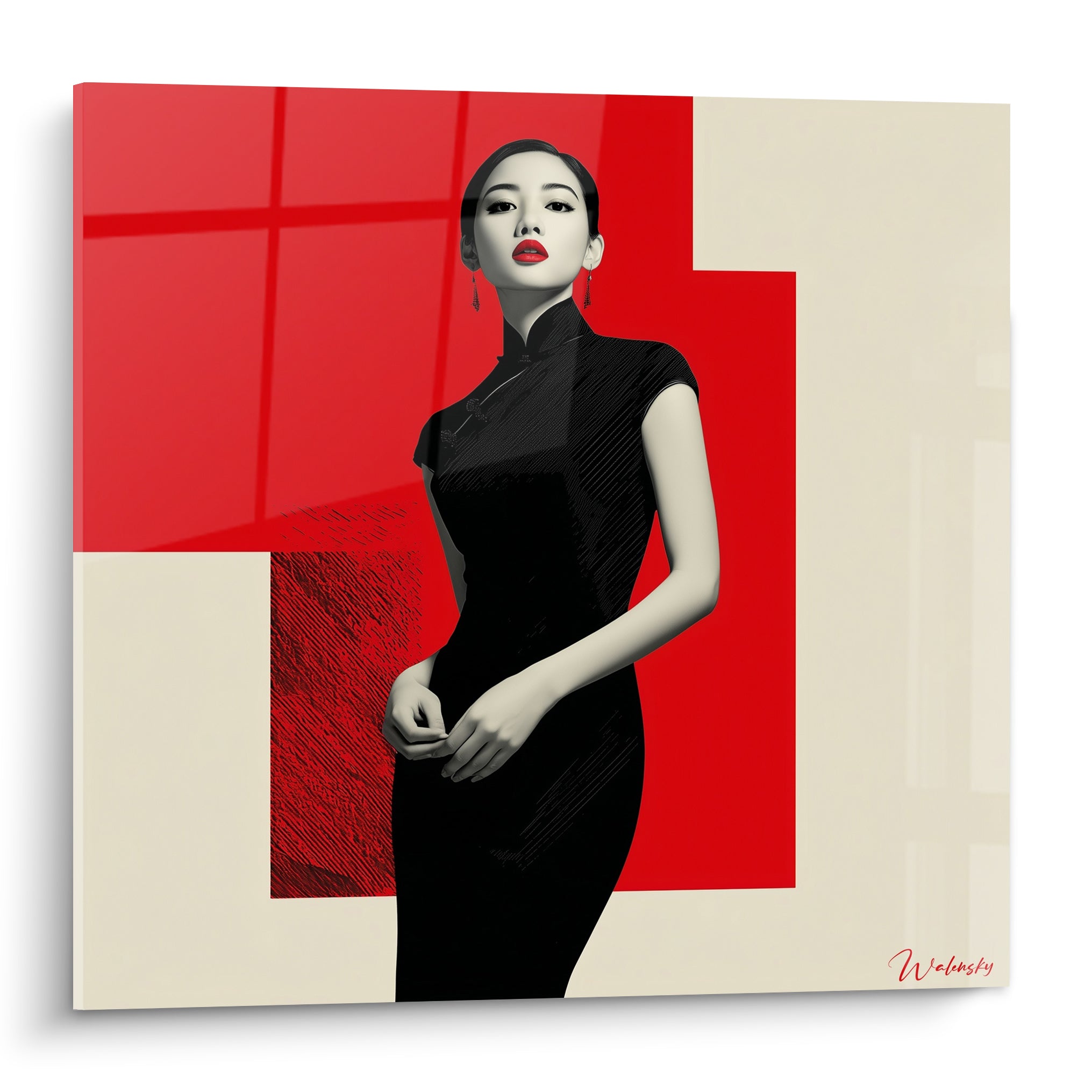 Illustration de mode d'une femme en robe qipao noire, lèvres rouge écarlate, fond géométrique rouge et beige
