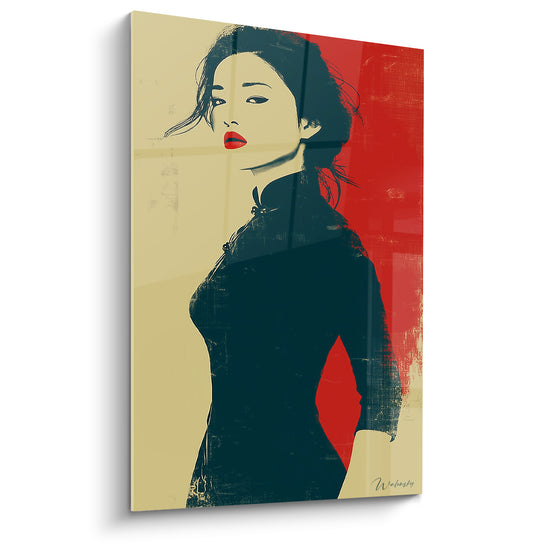 Tableau Robe cheongsam noire et beige à losange rouge - Cheveux au vent - Edition Illustration de mode