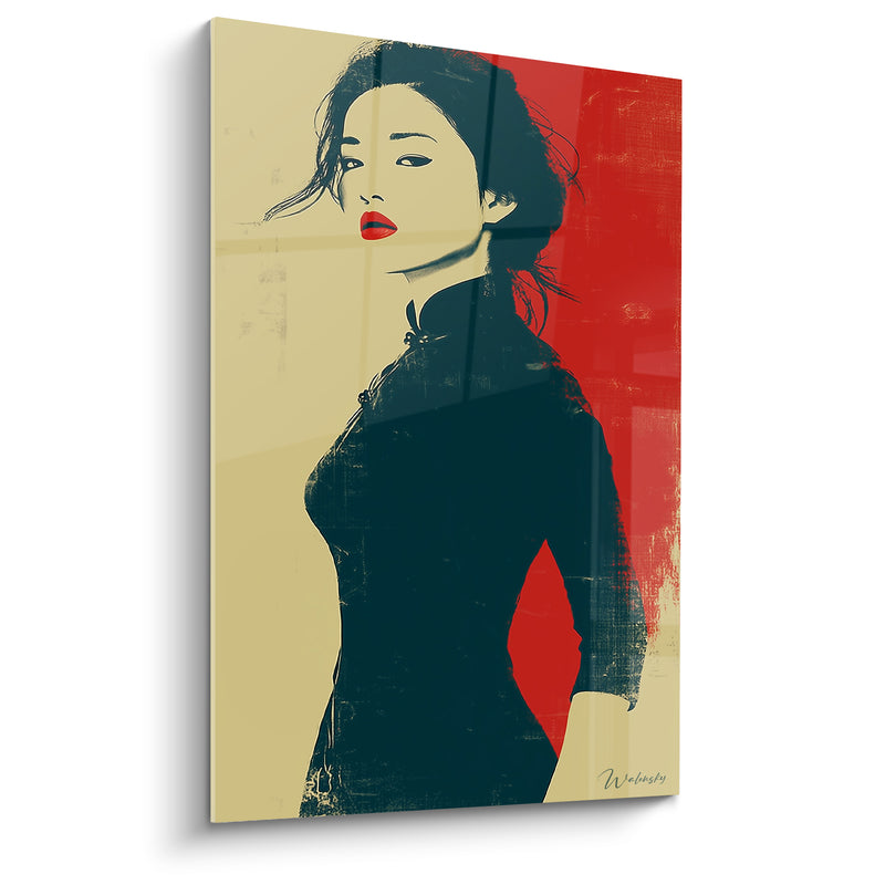 Tableau Robe cheongsam noire et beige à losange rouge - Cheveux au vent - Edition Illustration de mode