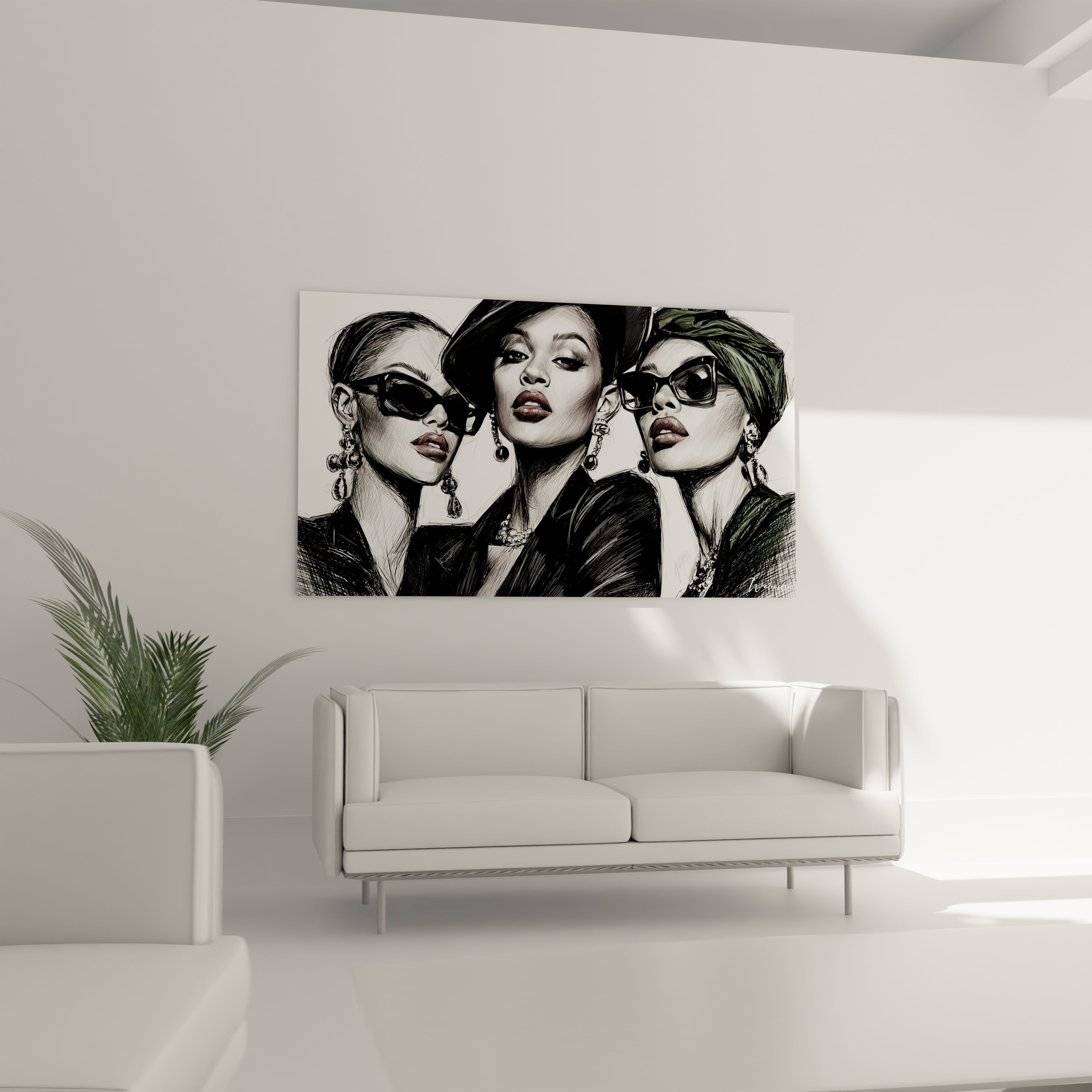 Tableau mural illustration de mode avec trois femmes stylées portant des lunettes de soleil et des accessoires élégants