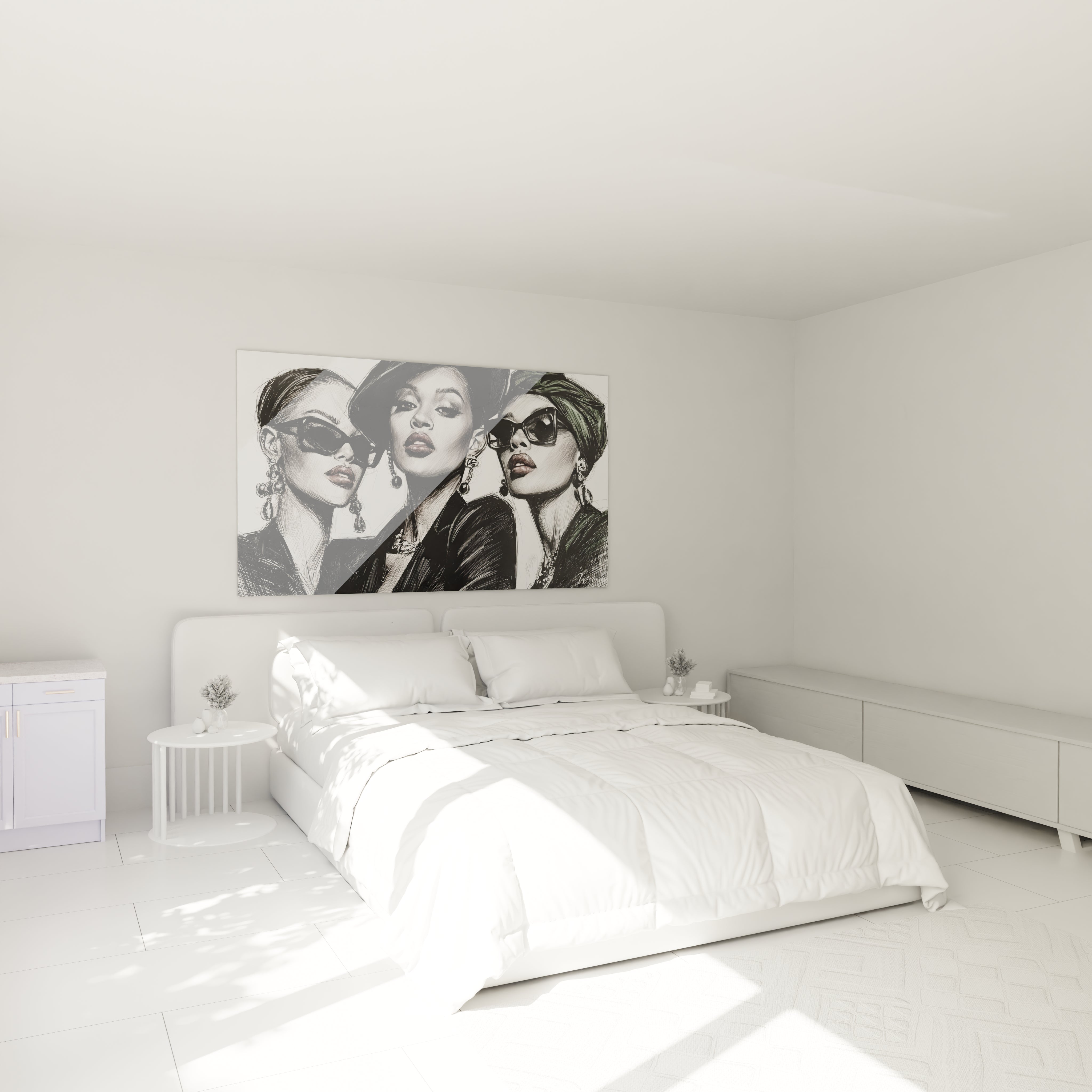 Tableau illustration de mode avec des femmes élégantes portant des lunettes de soleil dans une chambre moderne