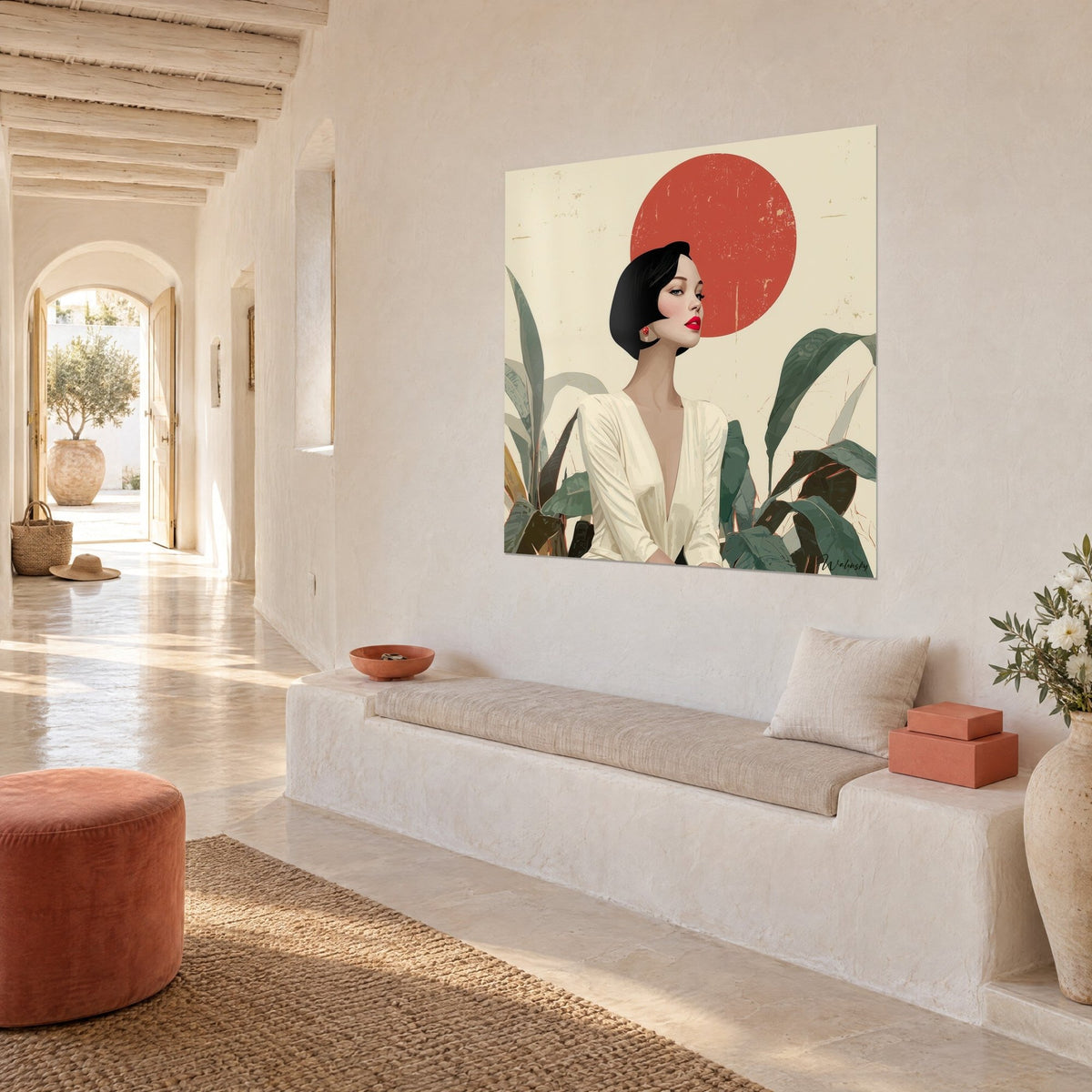 Cuadro de retrato estilizado de una mujer con vestido marfil, sol rojo agrietado y grandes hojas verde salvia, pasillo mediterráneo
