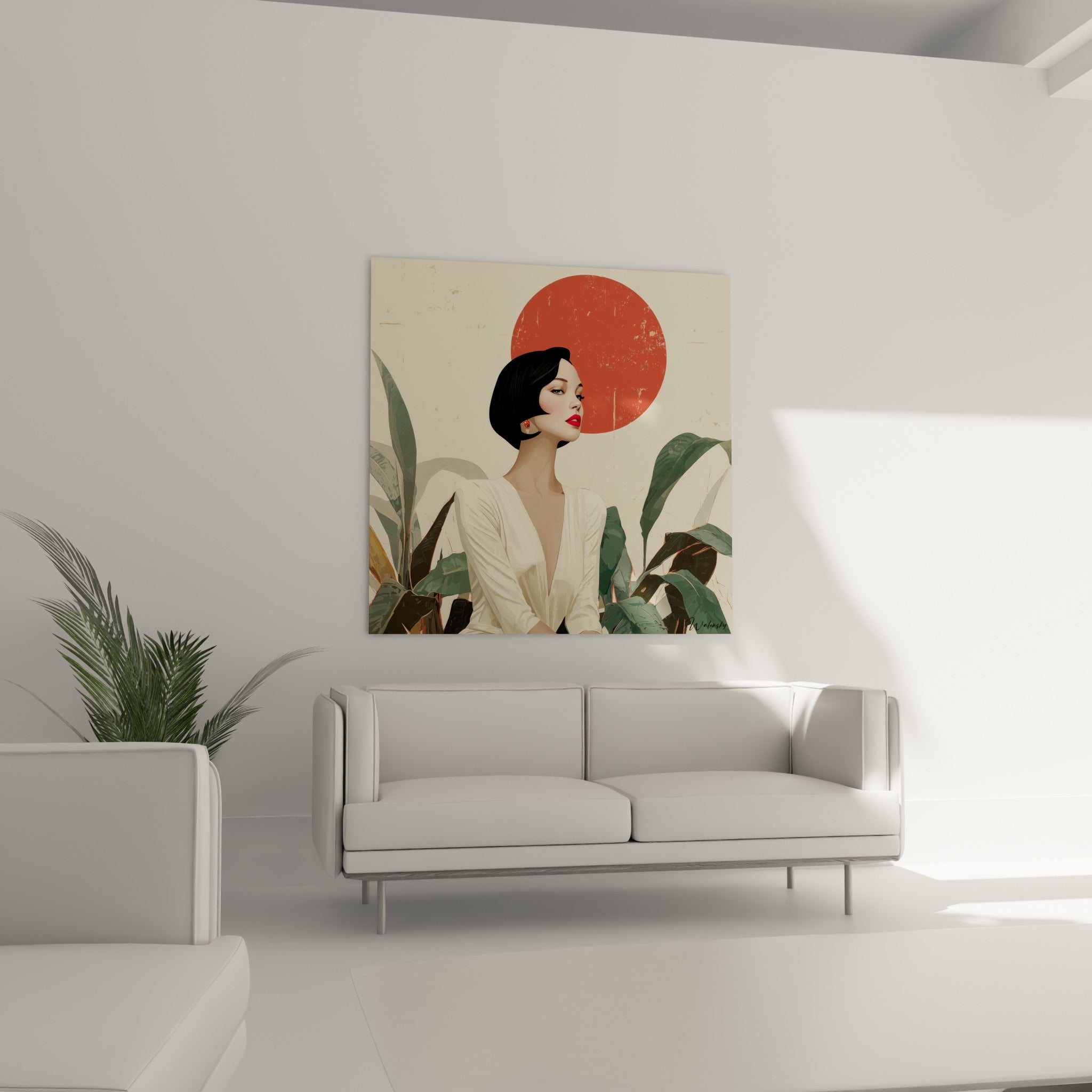 Portrait graphique aux tons terracotta et vert sauge, illustration de mode au-dessus d'un canapé dans un salon lumineux