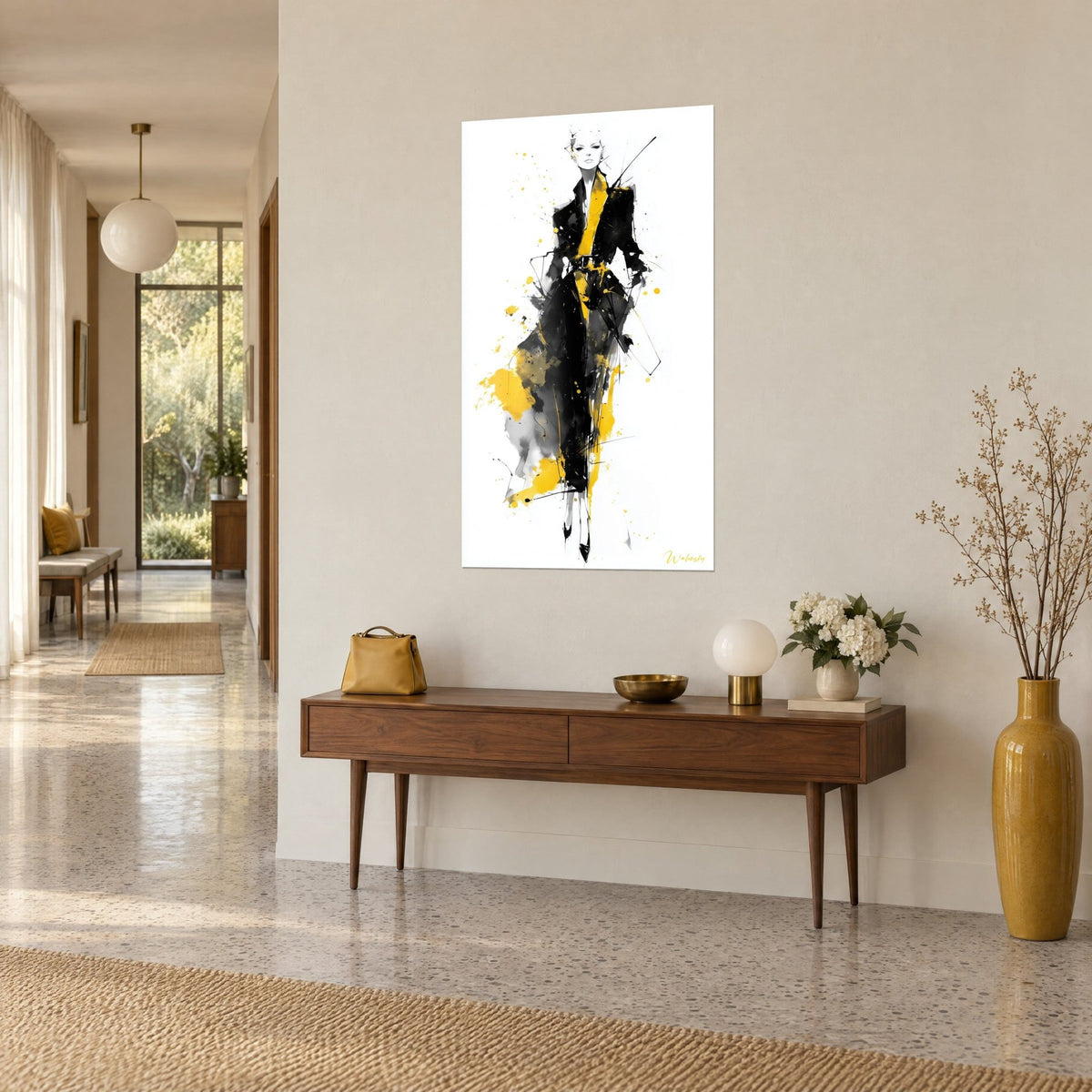 Wall art fashion sketch of a slender silhouette, black smudges and yellow splashes on a white background, hallway with a wooden console