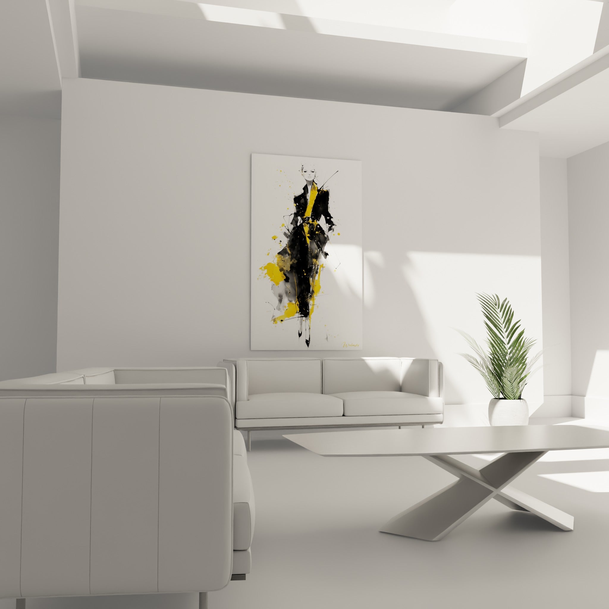 Figure esquissée aux traits nerveux, illustration de mode noire et jaune au-dessus d'un canapé dans un salon lumineux