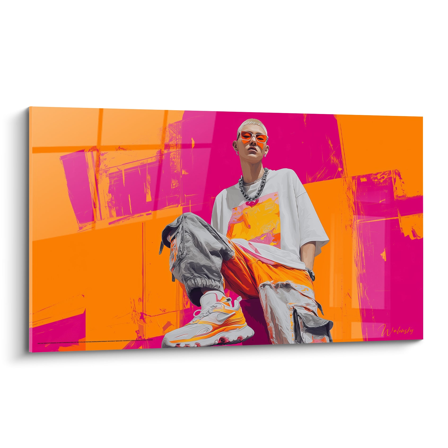 Mannequin androgyne assis en survêtement gris et orange, illustration de mode sur fond fuchsia géométrique