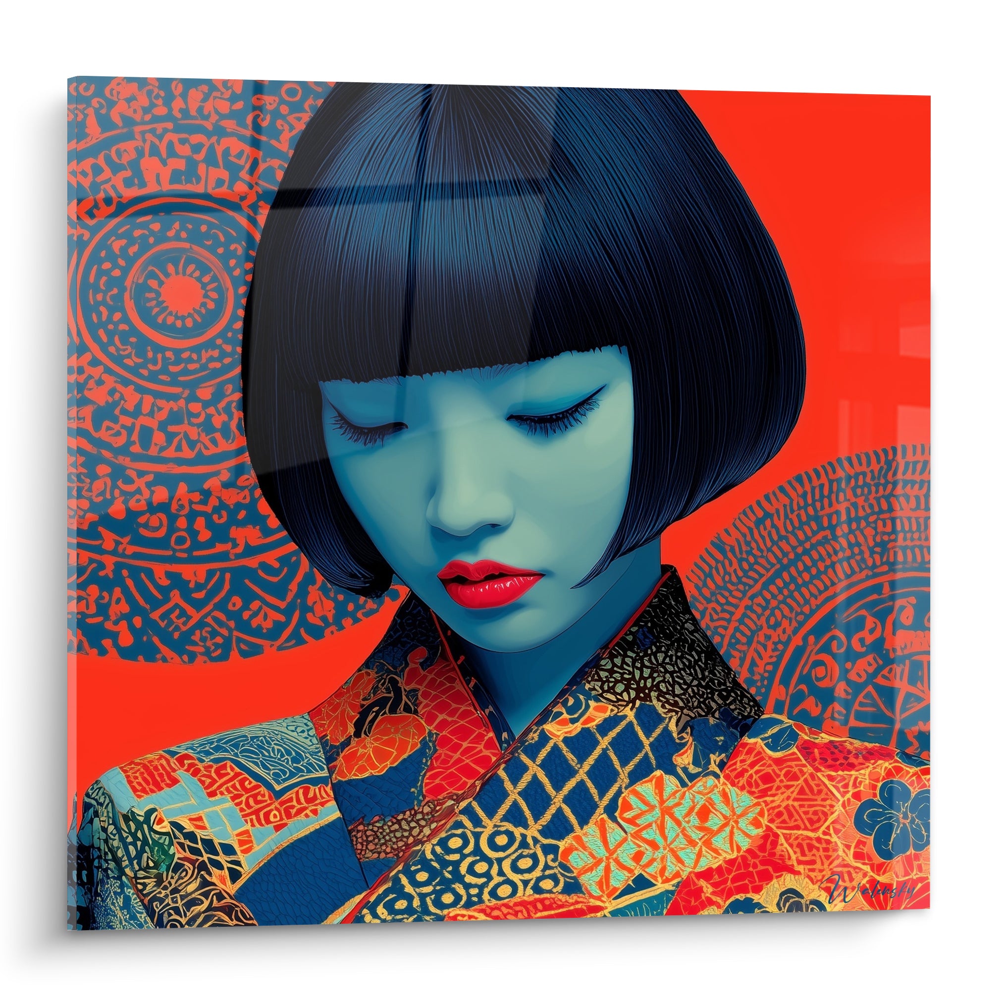 Portrait aux cheveux noirs et visage bleu pastel, kimono rouge et bleu orné de motifs dorés