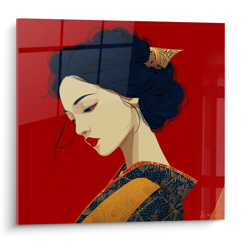 Tableau Femme rouge et doré en kimono - Grâce silencieuse - Edition Illustration de mode