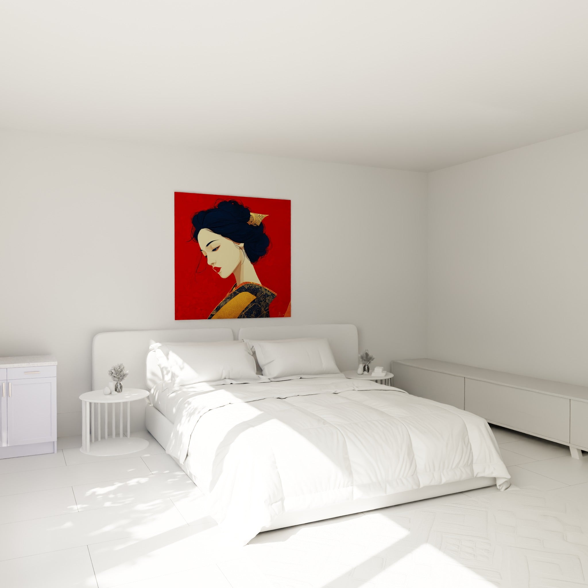 Geisha profil bleu marine et rouge, kimono doré, au-dessus d'un lit dans une chambre claire