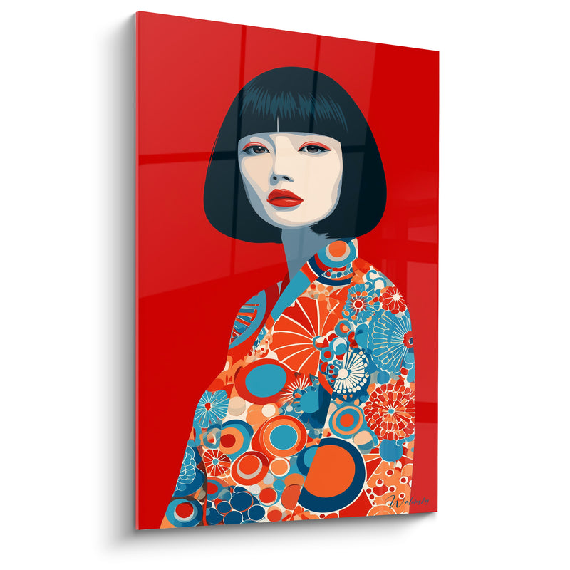 Tableau Kimono rouge et bleu à cercles concentriques - Frange noire au carré - Edition Illustration de mode