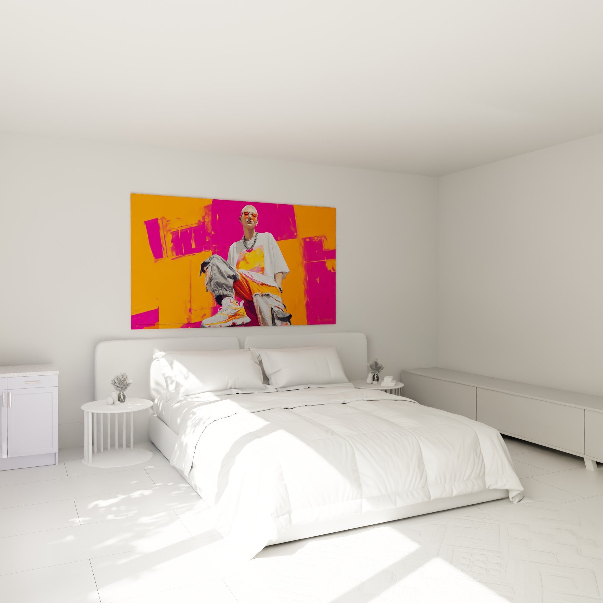 Silhouette urbaine aux lunettes orange et chaîne argentée, illustration de mode au-dessus d'un lit dans une chambre claire