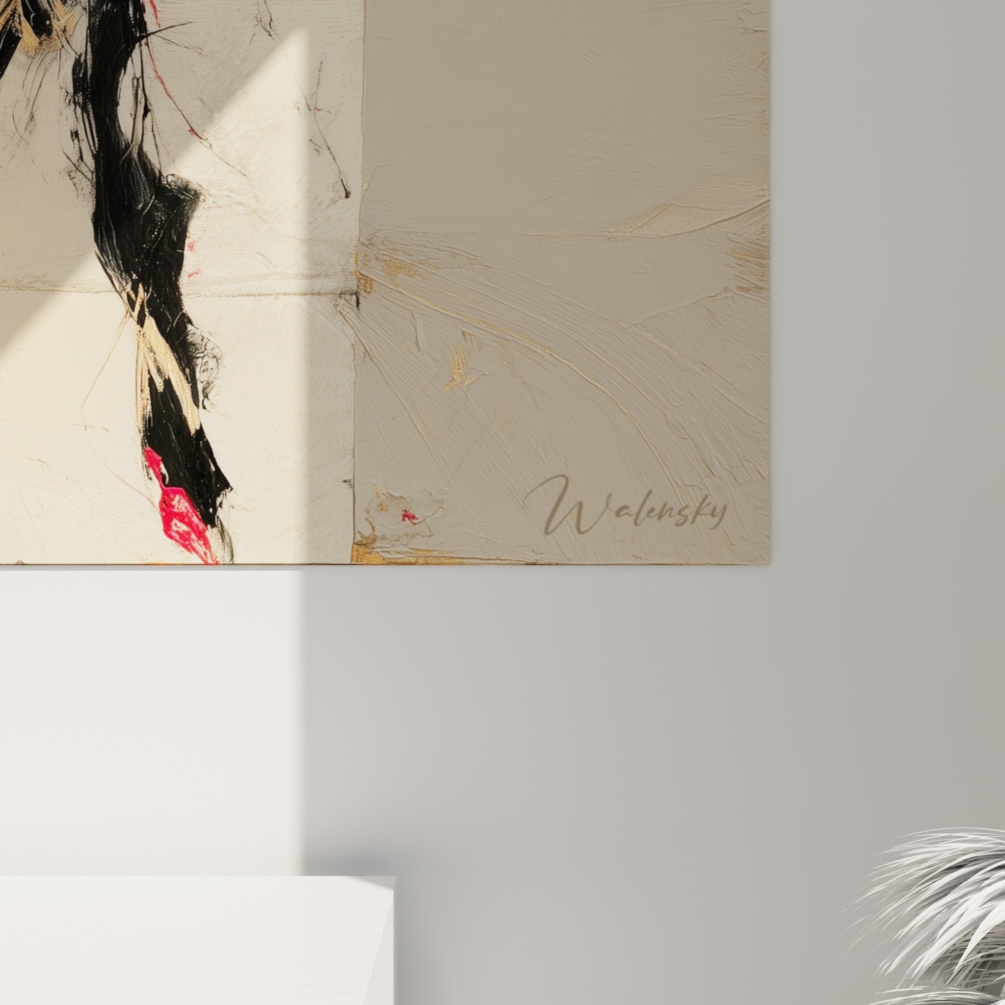 Empâtements noirs et coulures dorées, fils rouges tendus visibles de près sur la toile