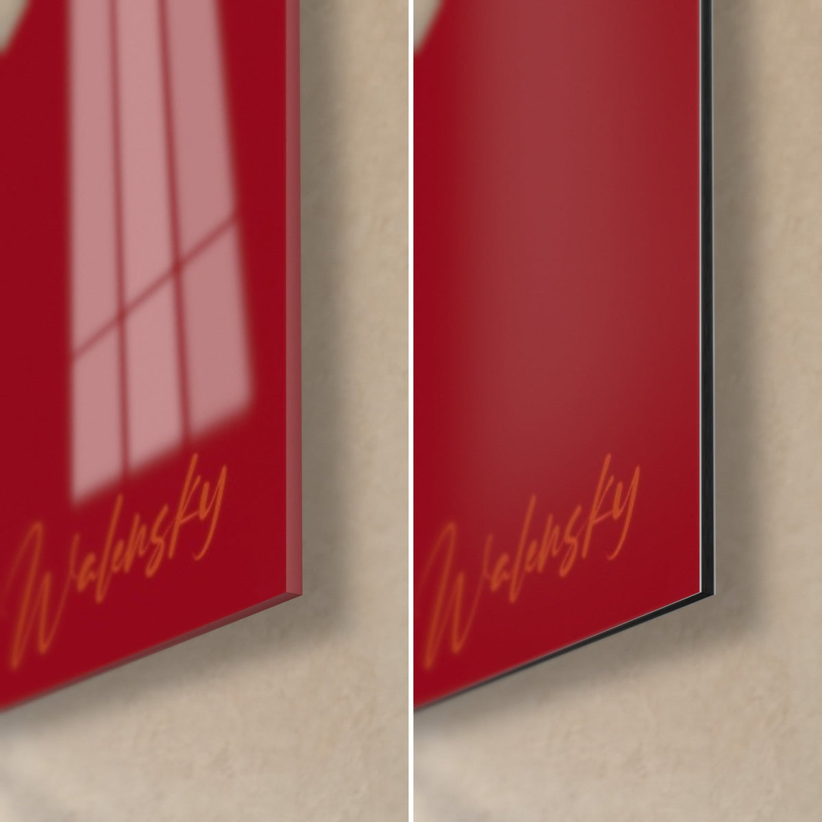 Πίνακας νεαρή γυναίκα σε νυχτερί μπλε κιμονό, κάτω δεξιά γωνία, γυαλιστερό ακρυλικό γυαλί αριστερά, ματ Dibond δεξιά, πάχος άκρης 3 mm