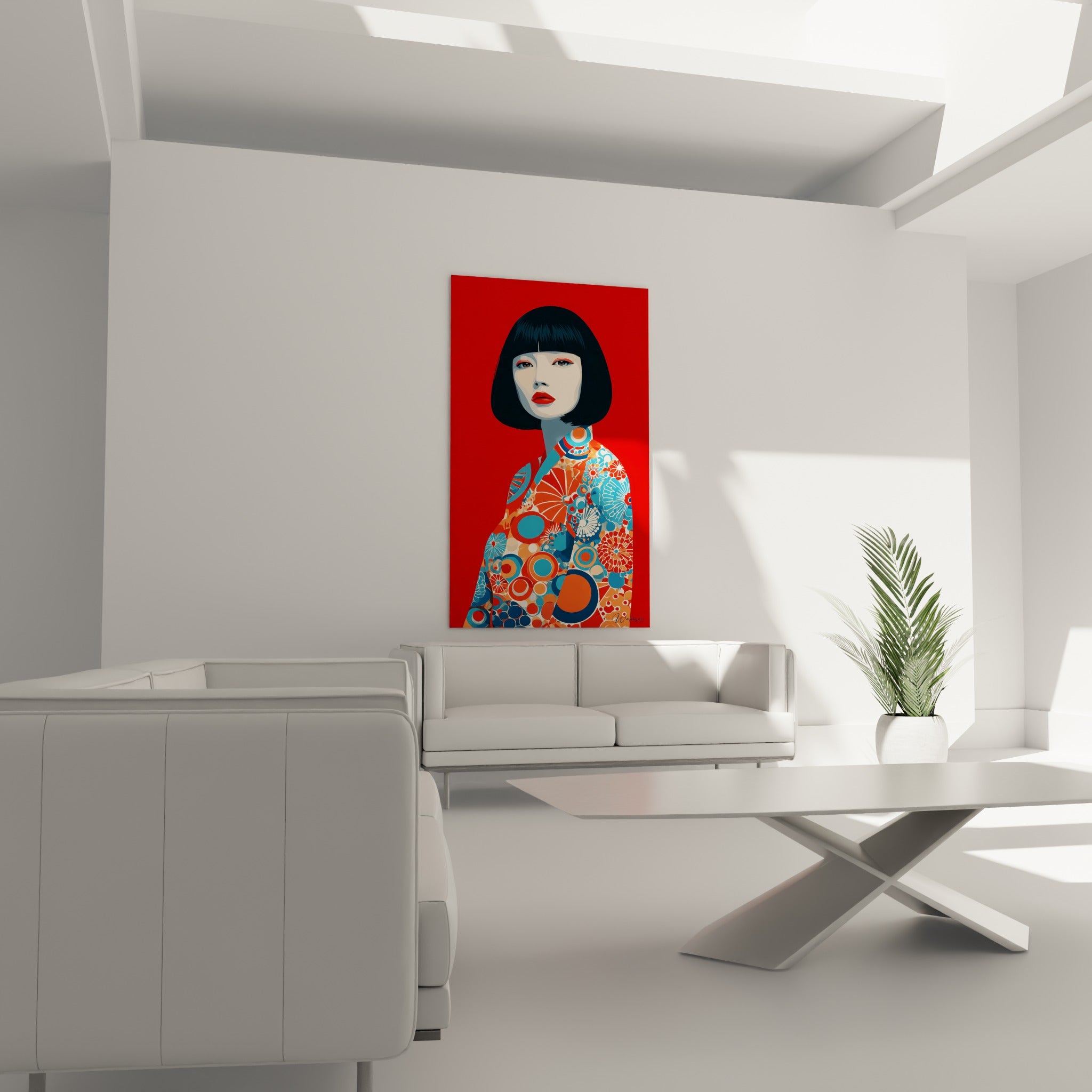 Silhouette au kimono orange et bleu, fond rouge intense, placée au-dessus d'un canapé dans un salon lumineux.
