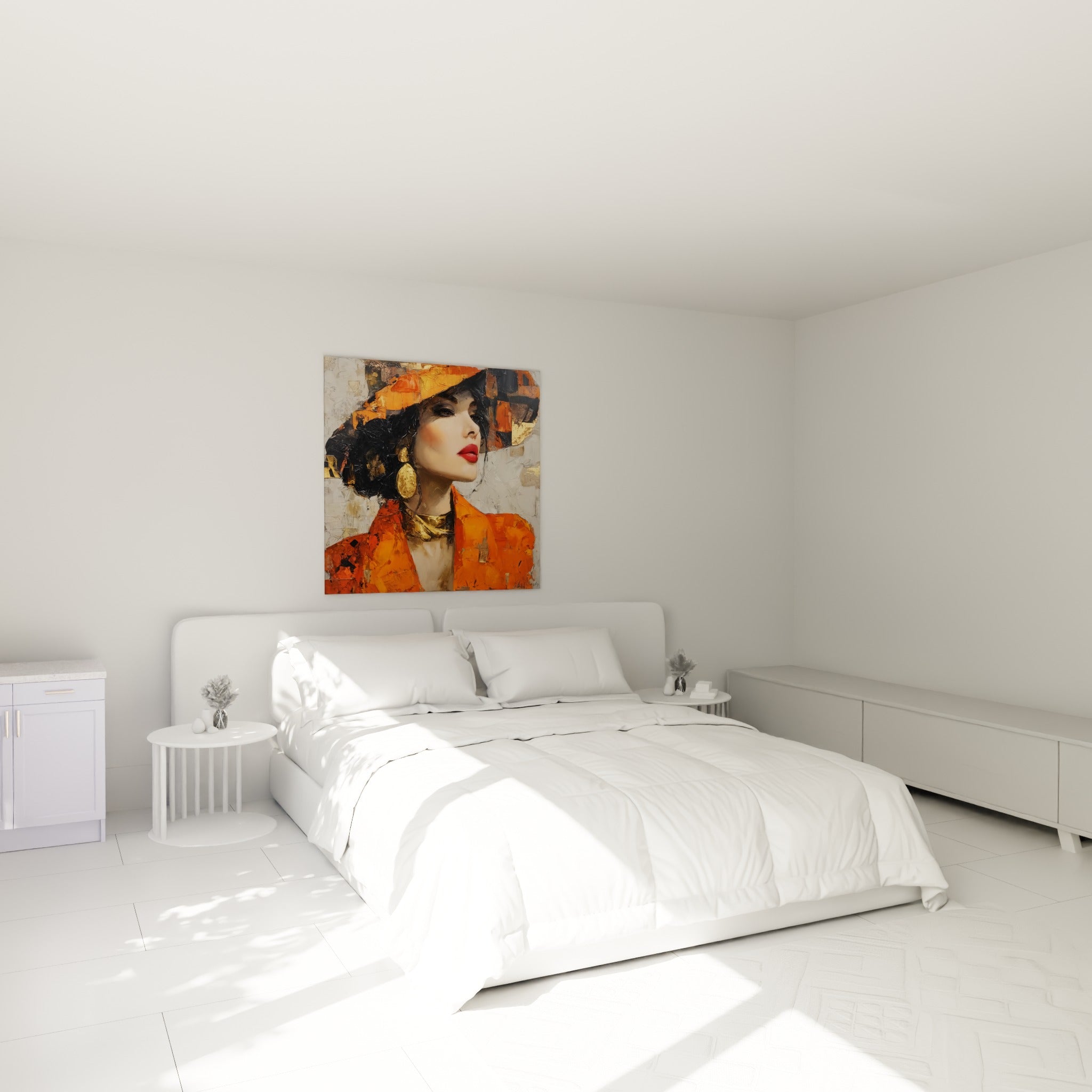 Élégance texturée d'un visage orné d'or au-dessus d'un lit dans une chambre claire