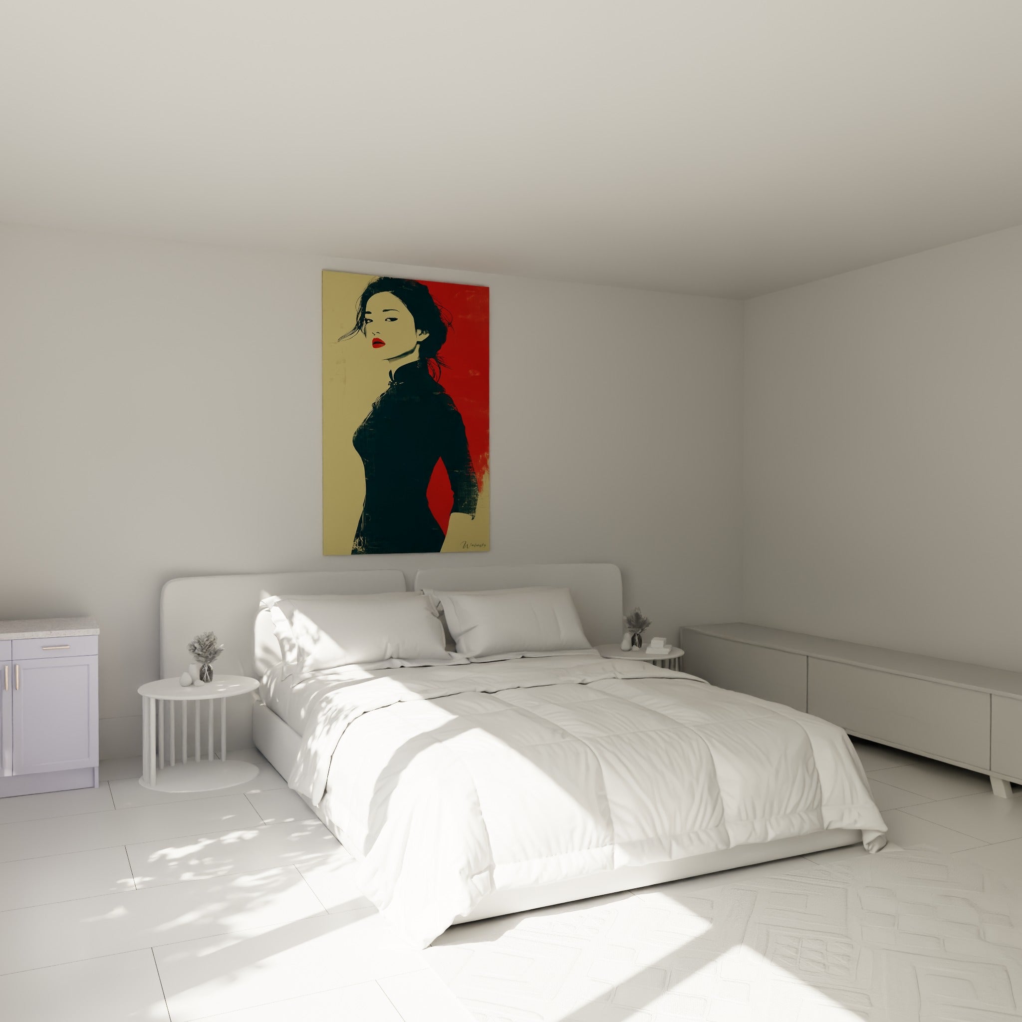 Femme en robe chinoise anthracite sur fond rouge et ivoire, accrochée au-dessus d'un lit dans une chambre claire