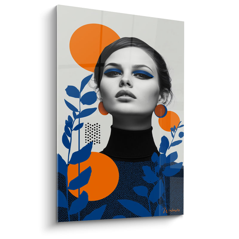 Tableau Feuillages bleus et cercles orange autour d'un visage - Fard à paupières bleu - Edition Illustration de mode
