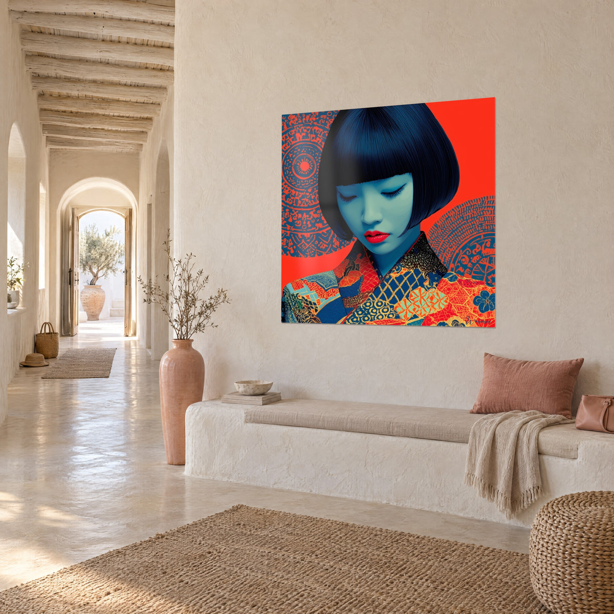 Wall art young woman with closed eyelids, black fringe and blue-green face on bright red background, white wall of a vaulted hallway
