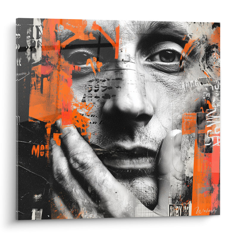 Tableau Visage noir et blanc à main posée sur la joue - Collage typographique urbain - Edition Illustration de mode
