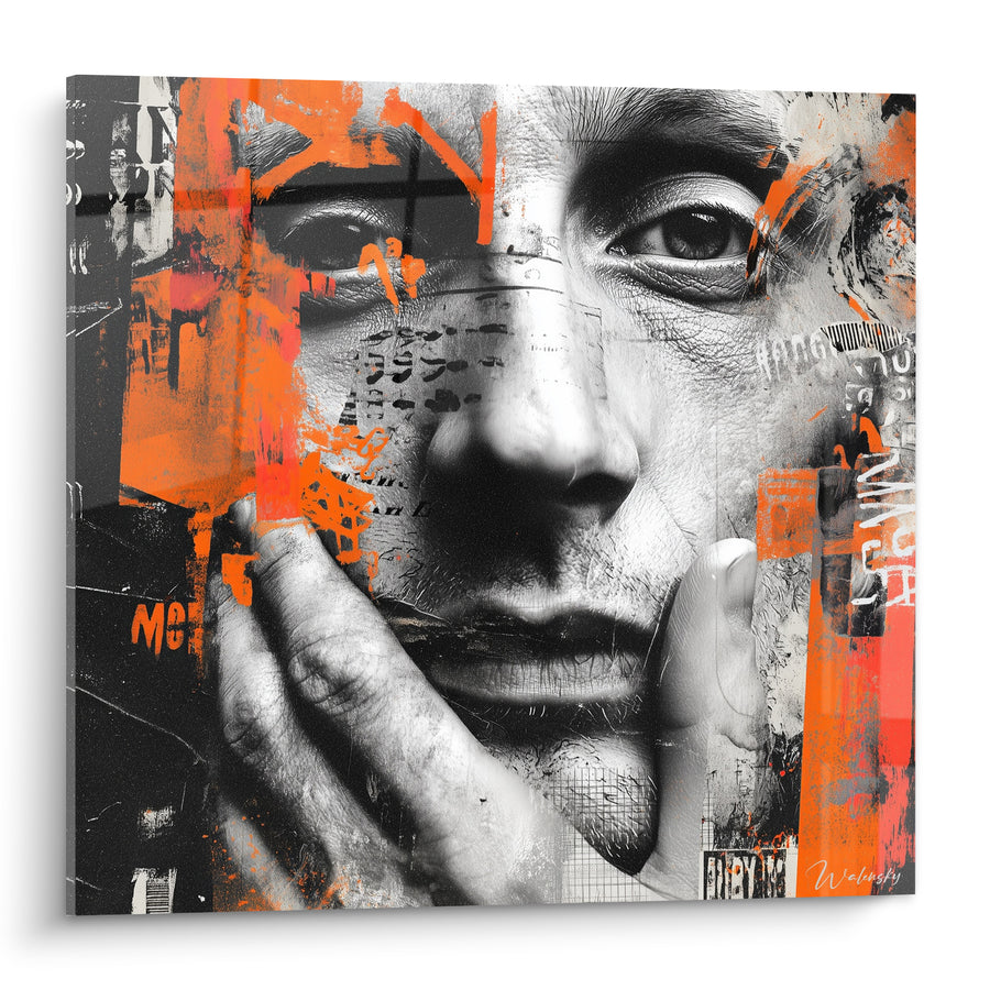 Tableau Visage noir et blanc à main posée sur la joue - Collage typographique urbain - Edition Illustration de mode