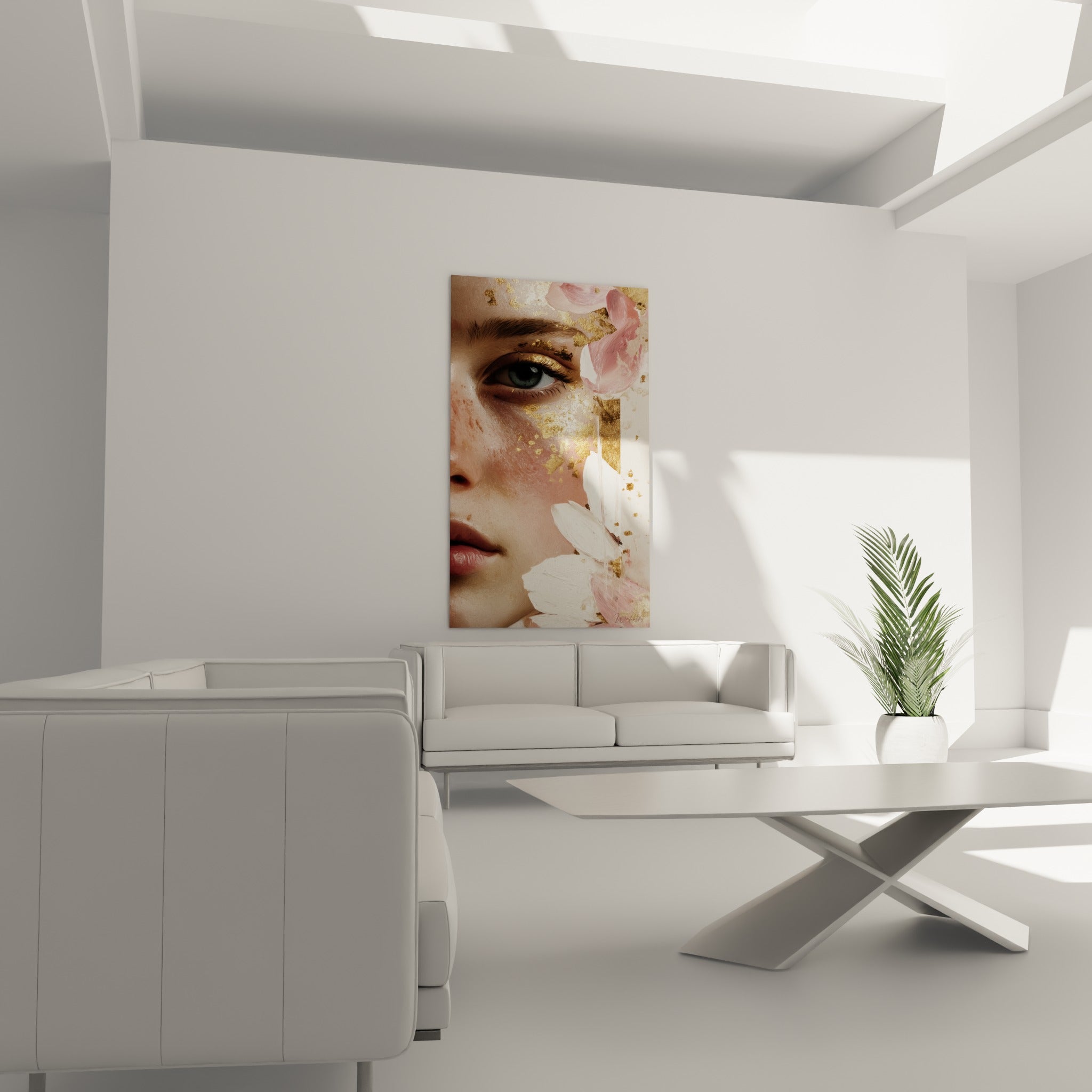 Visage aux éclats d'or et de rose pâle, suspendu au-dessus d'un canapé dans un salon lumineux