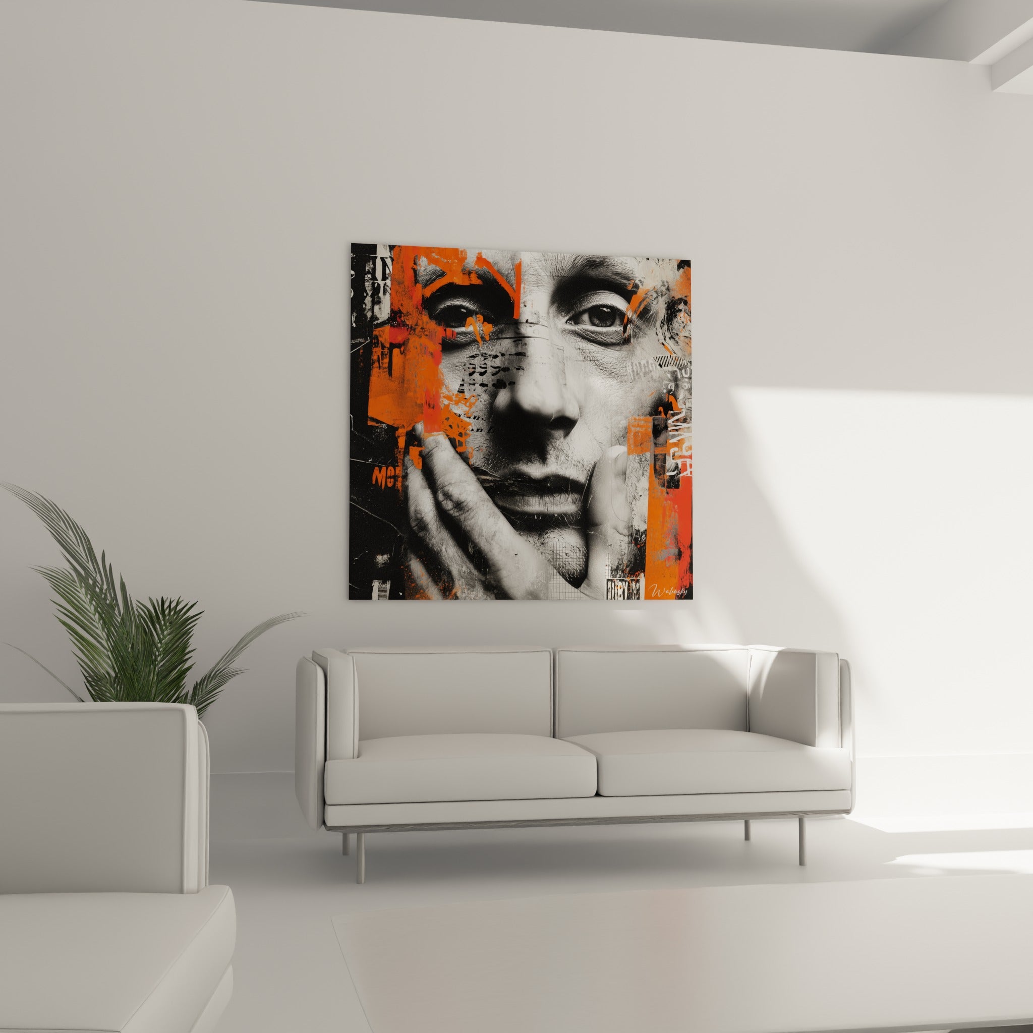 Visage graphique aux teintes anthracite et orange, œuvre suspendue au-dessus d'un canapé dans un salon lumineux