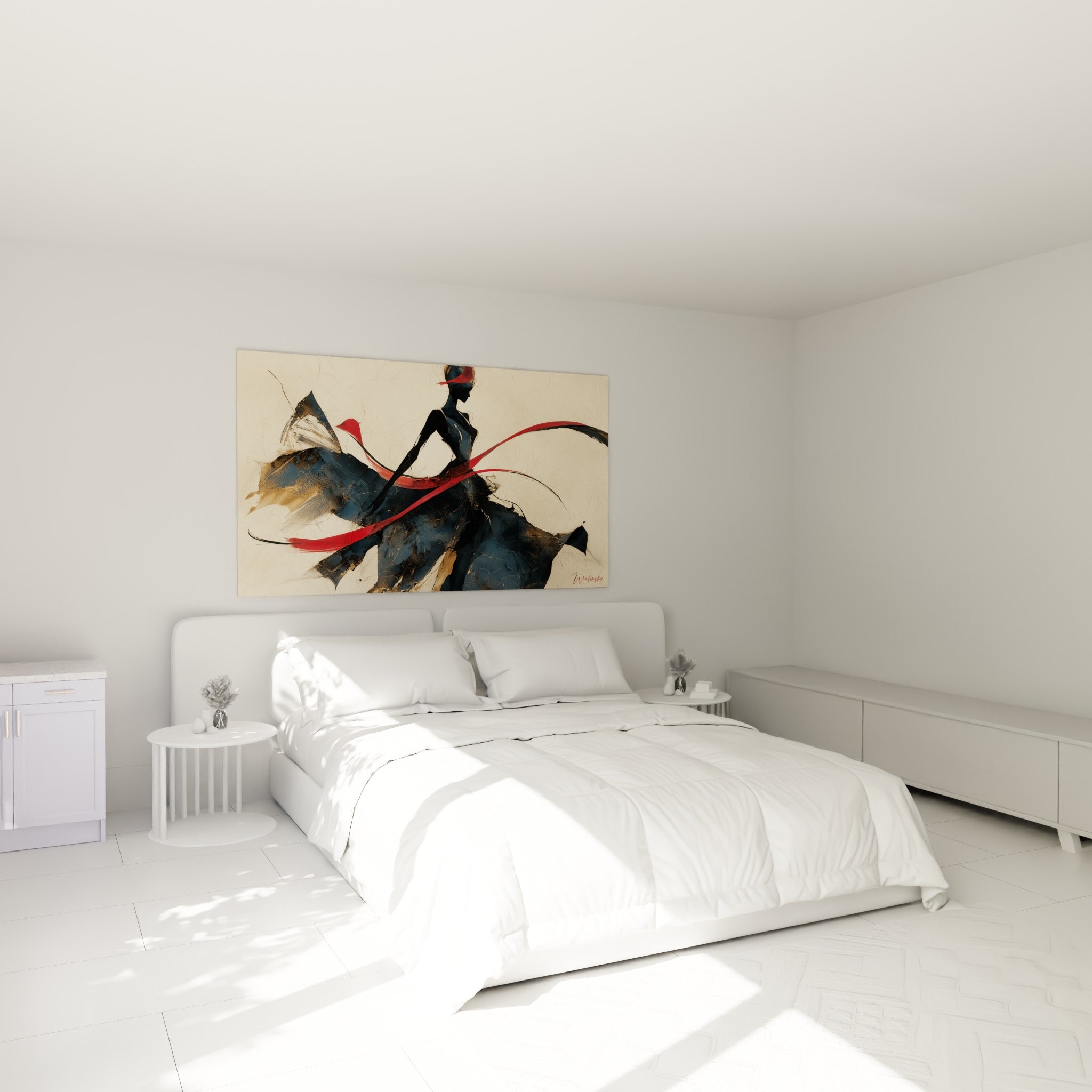 Danseuse stylisée en noir et rouge vif, illustration de mode au-dessus d'un lit dans une chambre claire