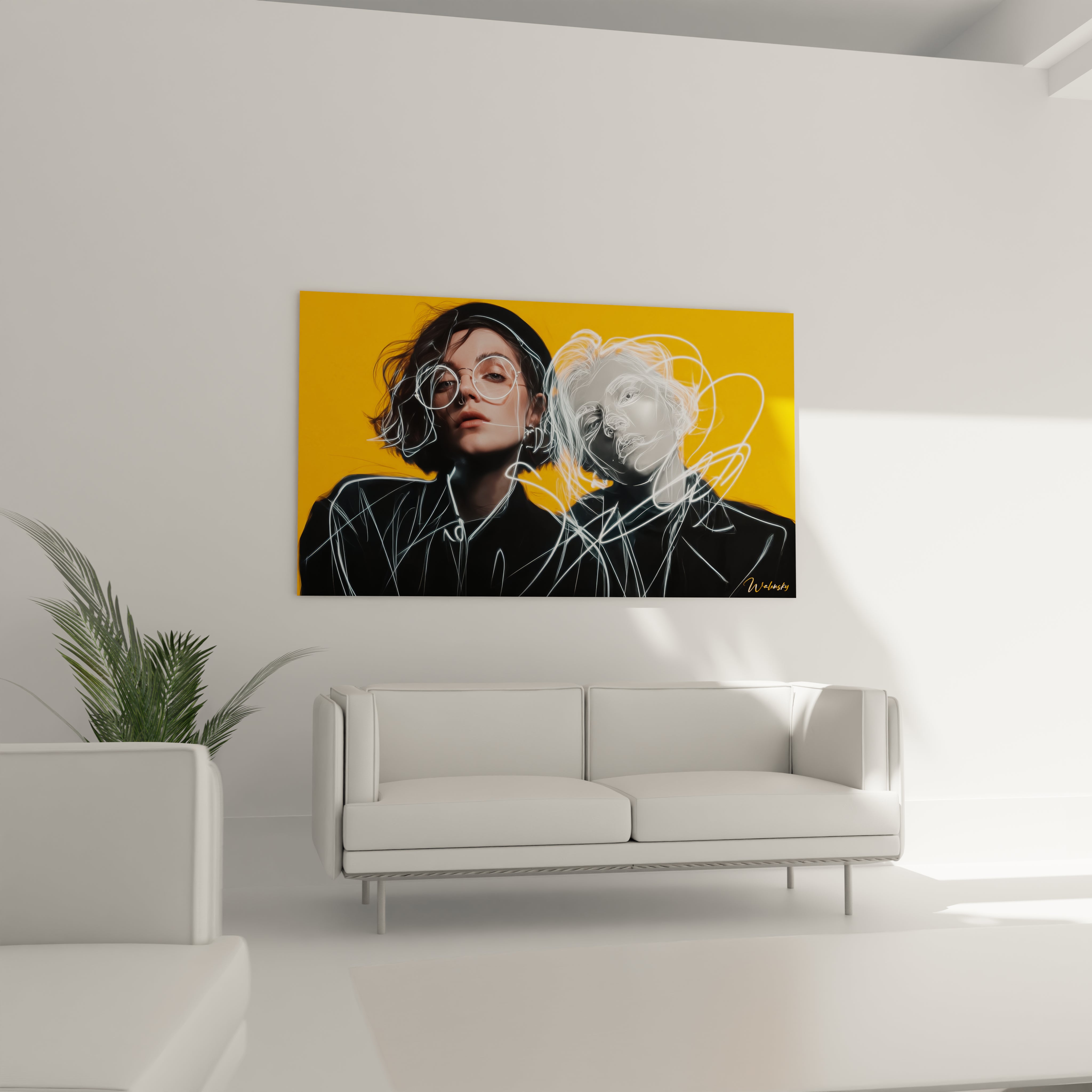 Tableau illustration de mode moderne avec des portraits artistiques sur fond jaune vif